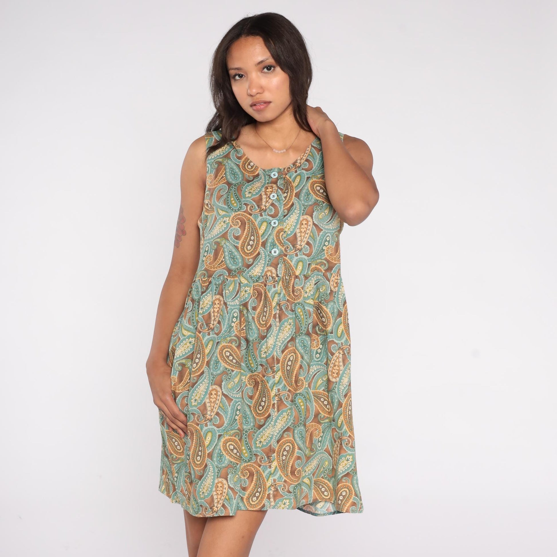 90s Paisley Mini Dress Brown Teal Gold Button Front Scoop Neck Medium M