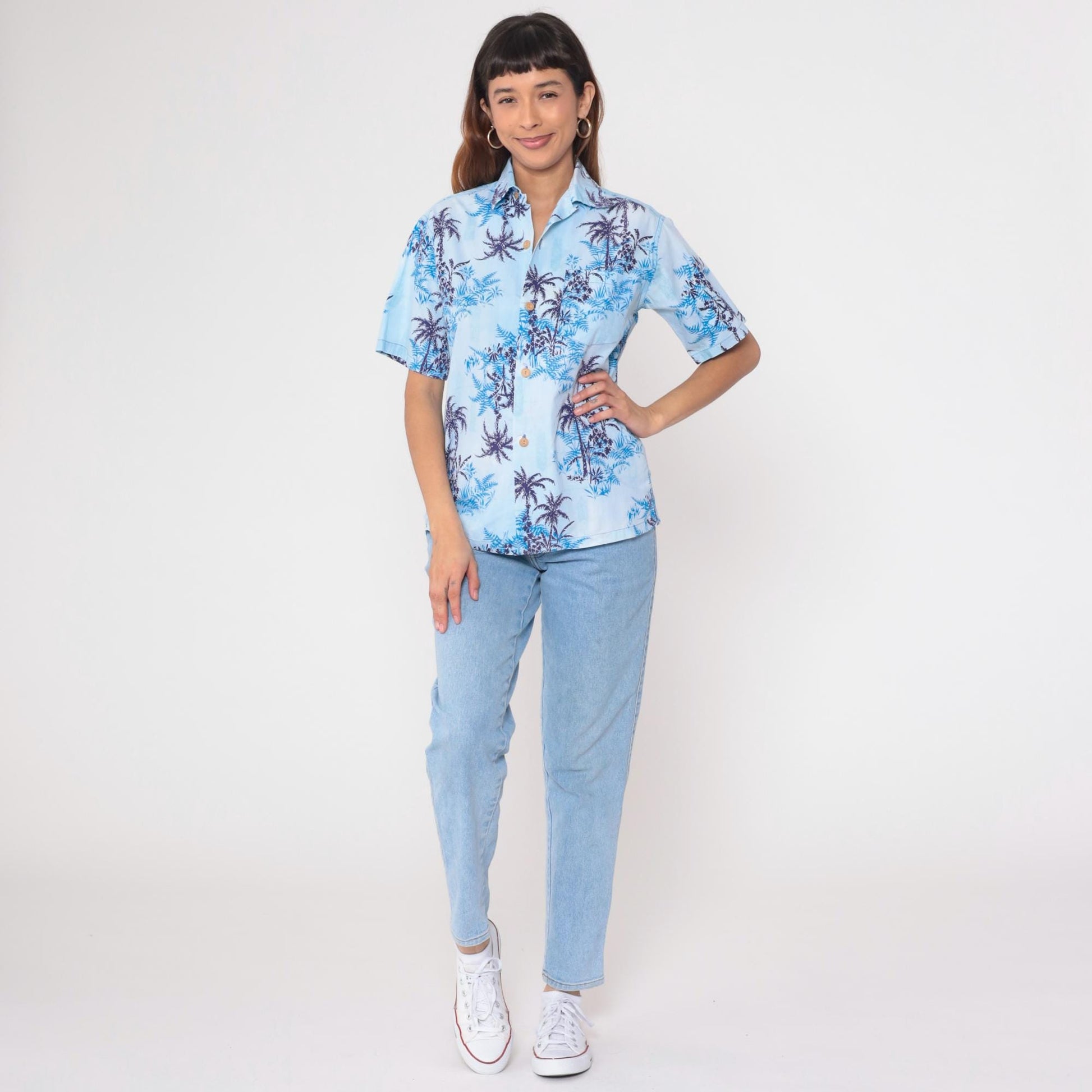 70s Tropicana Hawaiian Shirt Blue Palm Tree Fern Camp Collar Medium