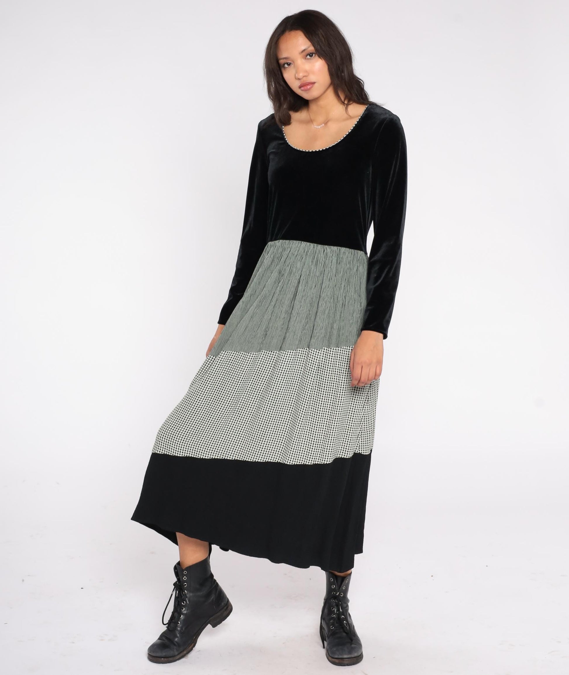 90s Jeffrey & Dara Velvet Gingham Midi Dress Black Green Pleated Long Sleeve Medium