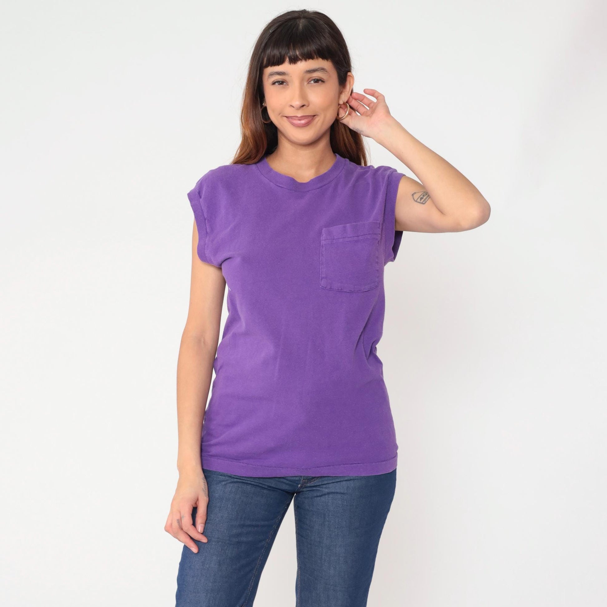 90s Fruit of the Loom Purple Muscle Tee Cotton Pocket Crewneck Medium M