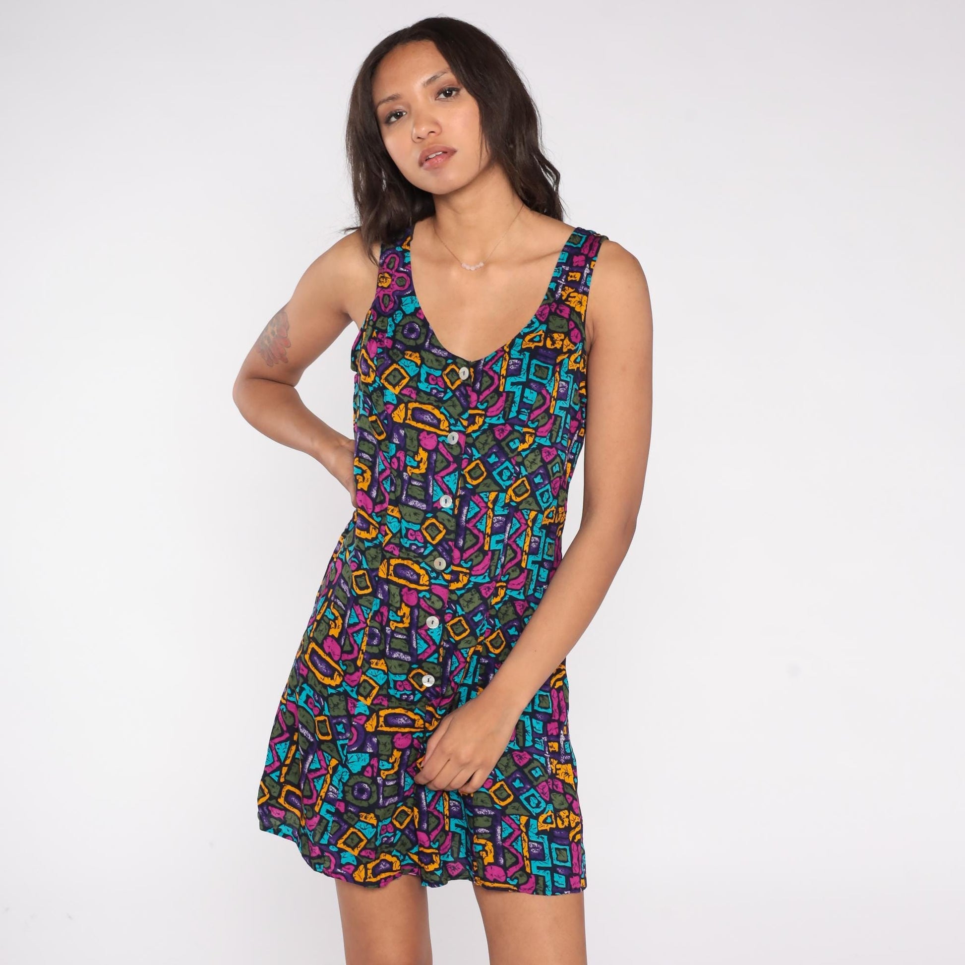 90s Gabriella Abstract Geometric Romper Black Multicolor Rayon Medium M