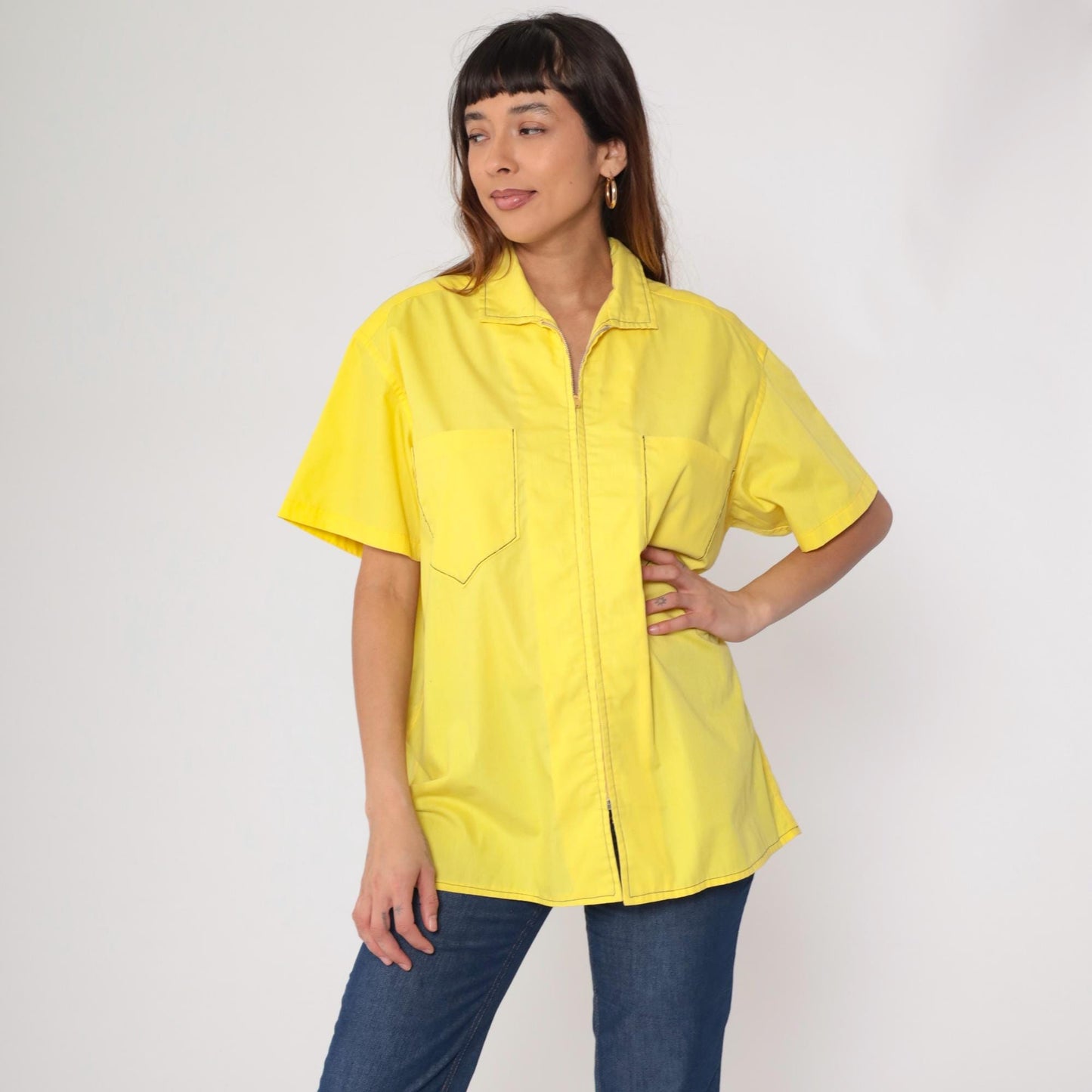 70s Yellow Zip-Front Work Shirt Cotton Blend Utility Pockets Extra Large XL