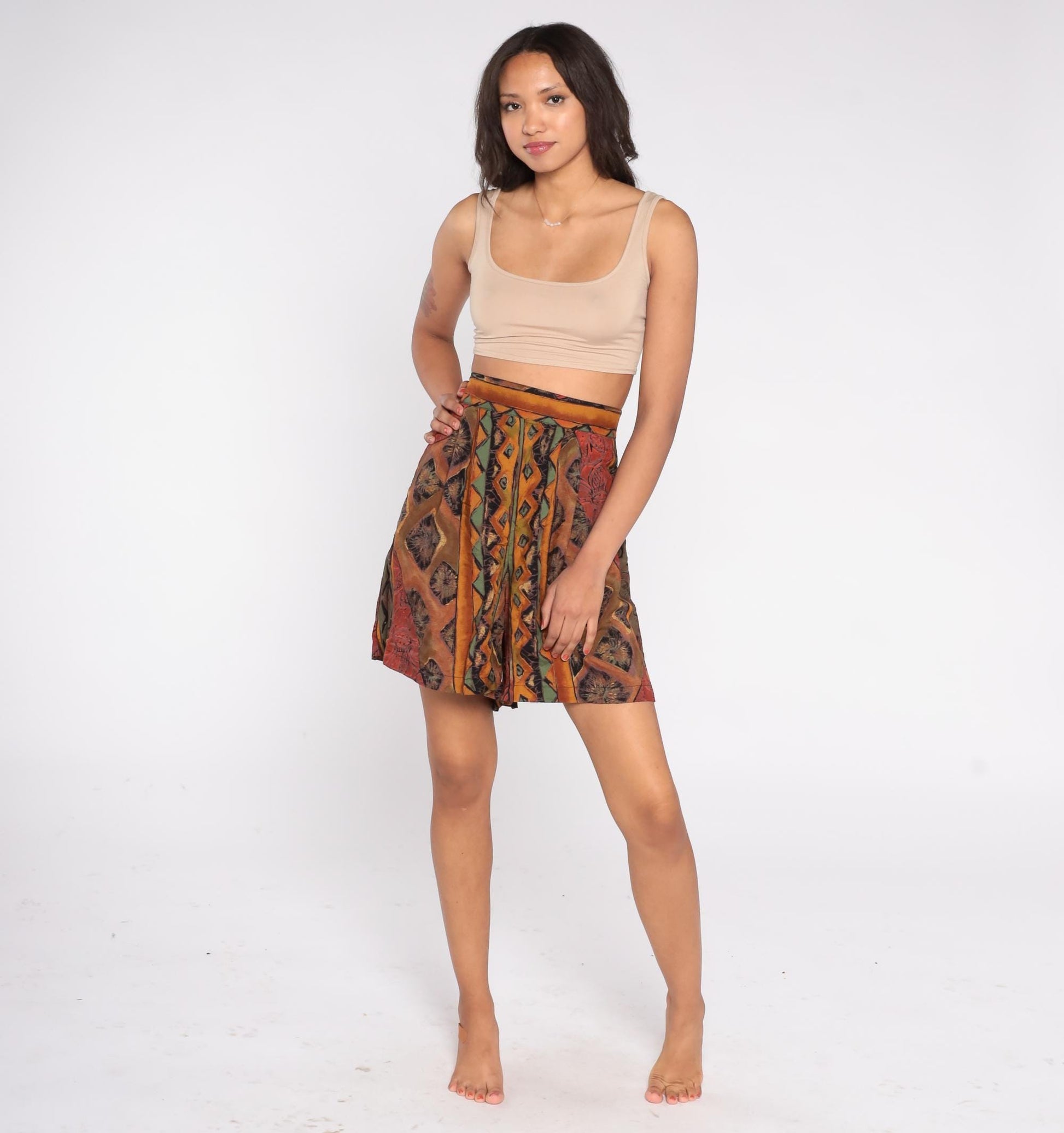 90s Caliche Abstract Geometric Shorts High Waist Brown Orange Green Medium Large