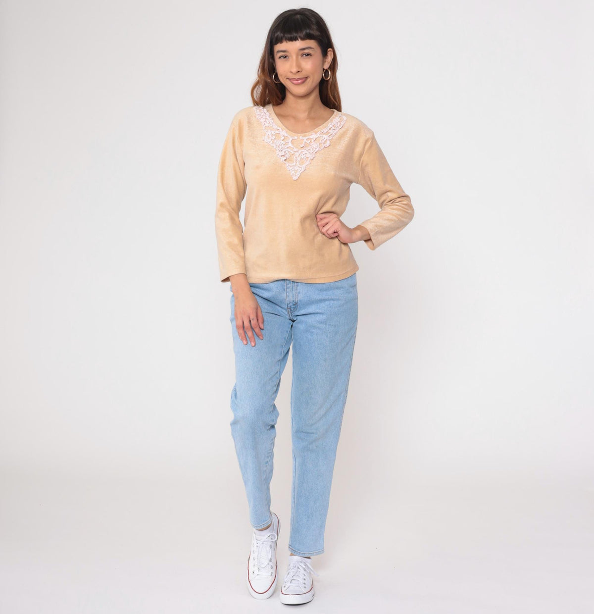 70s Cream Lace Appliqué Pullover Sweater Pink Detail Round Neck Medium M
