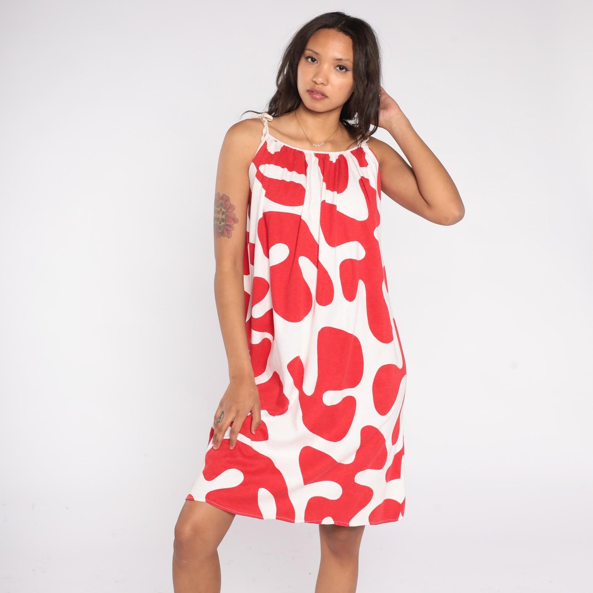 80s Abstract Red White Midi Dress Tie Shoulder Trapeze Sleeveless Small