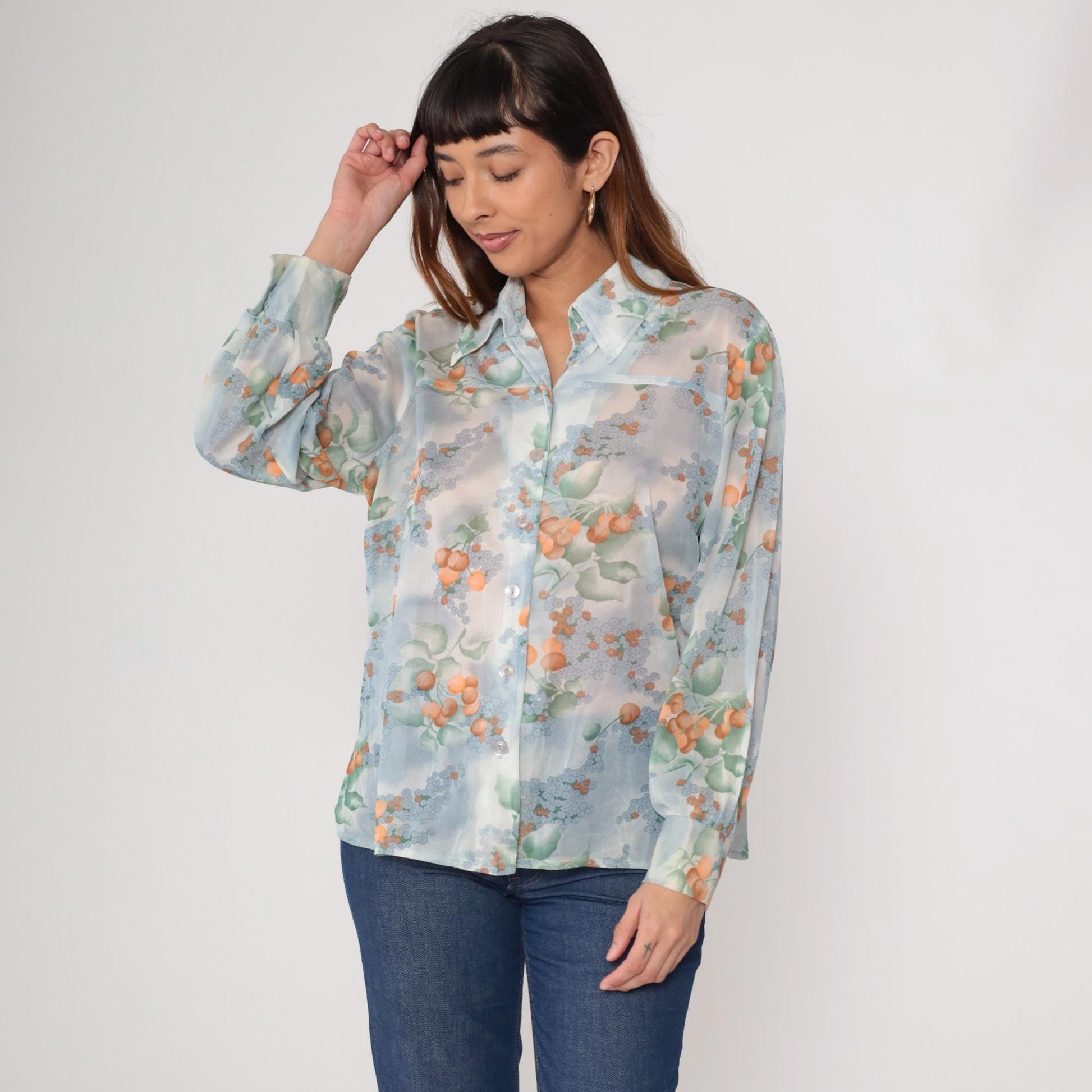 70s Berry Blouse Sheer Blue Orange Watercolor Floral Button Up Long Sleeve Large L