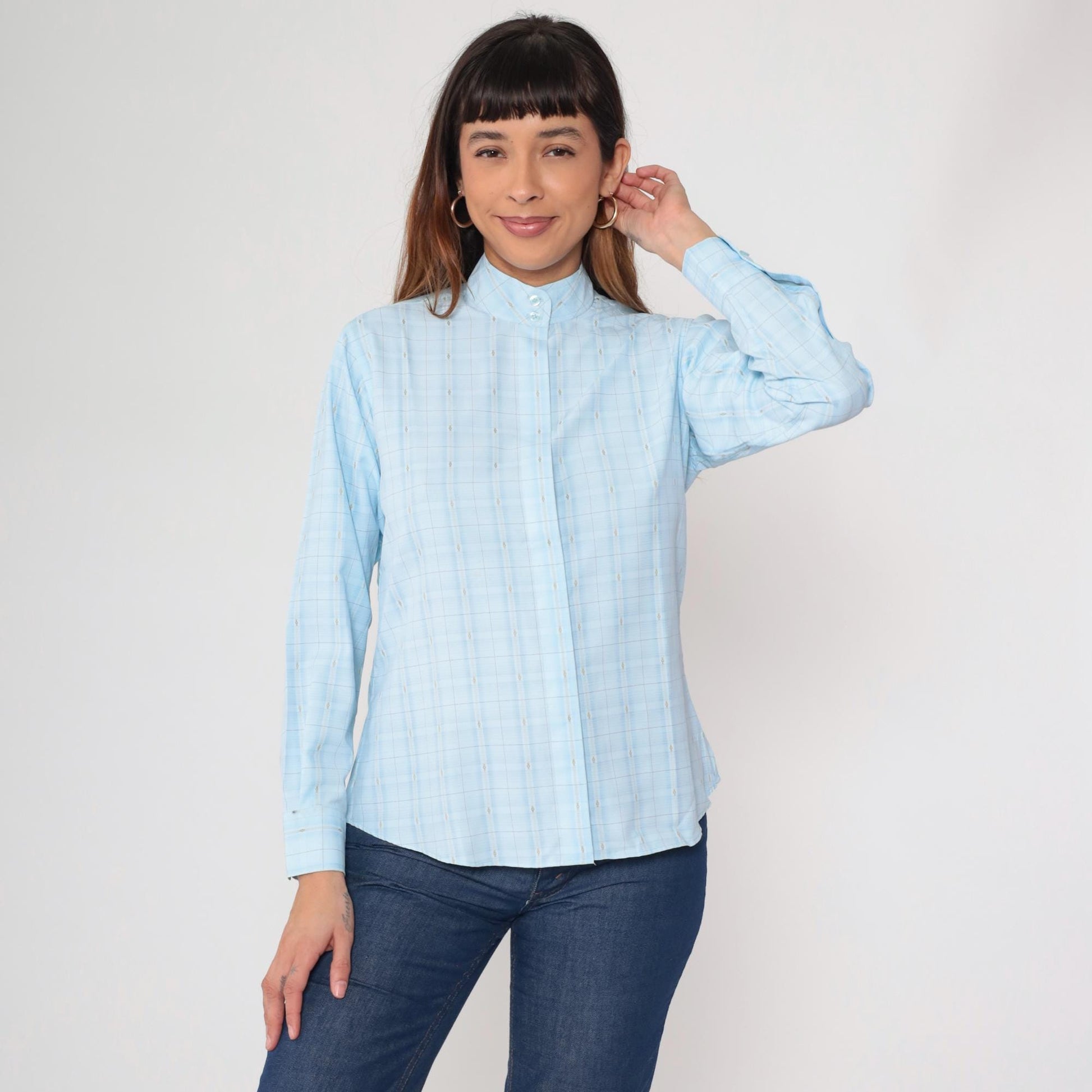 80s Royal Highness Powder Blue Mandarin Collar Blouse Windowpane Check Large
