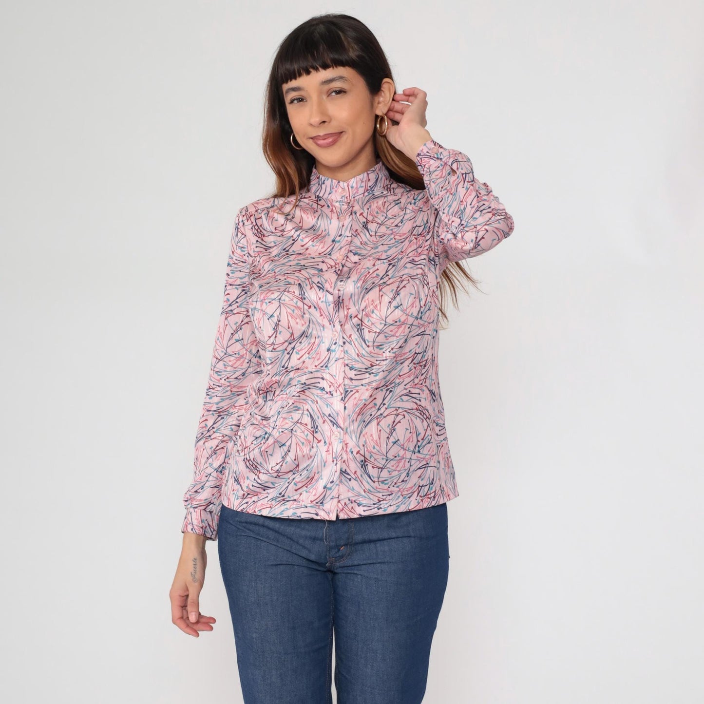 70s Devon Abstract Brushstroke Blouse Pink Navy Mandarin Collar Medium M