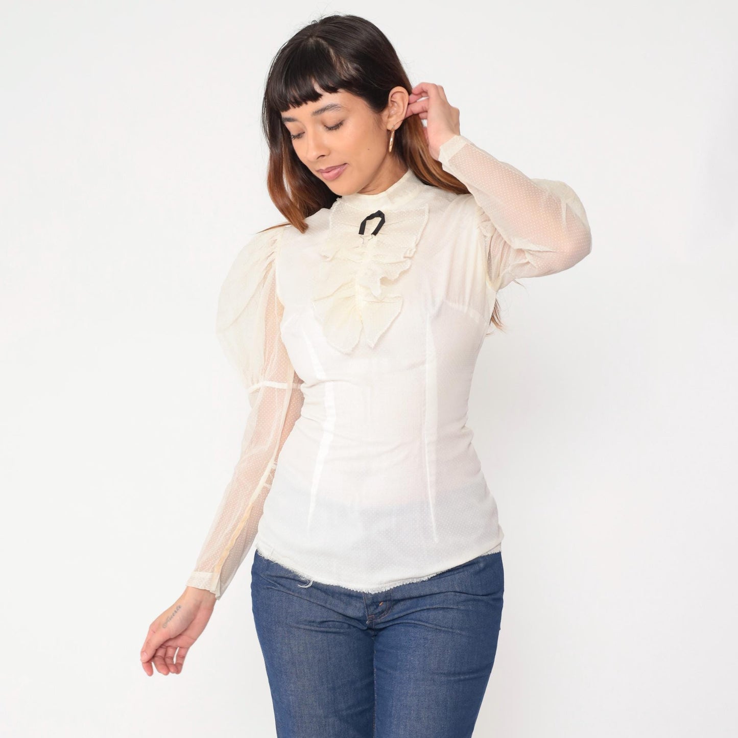 60s White Victorian Blouse Puff Sleeve Ruffle High Neck Bow Tie Small S