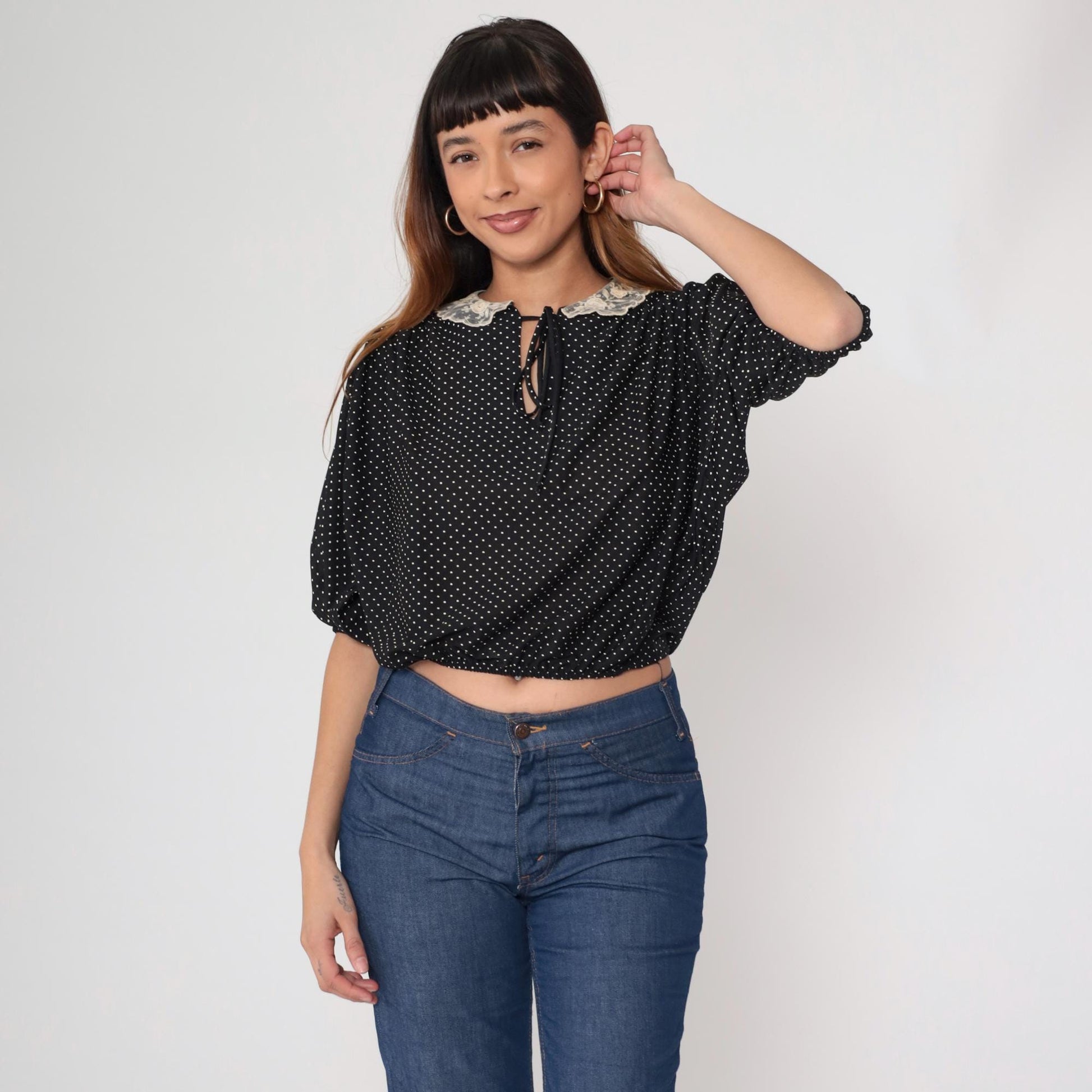 70s Black White Polka Dot Puff Sleeve Blouse Peter Pan Lace Collar Small