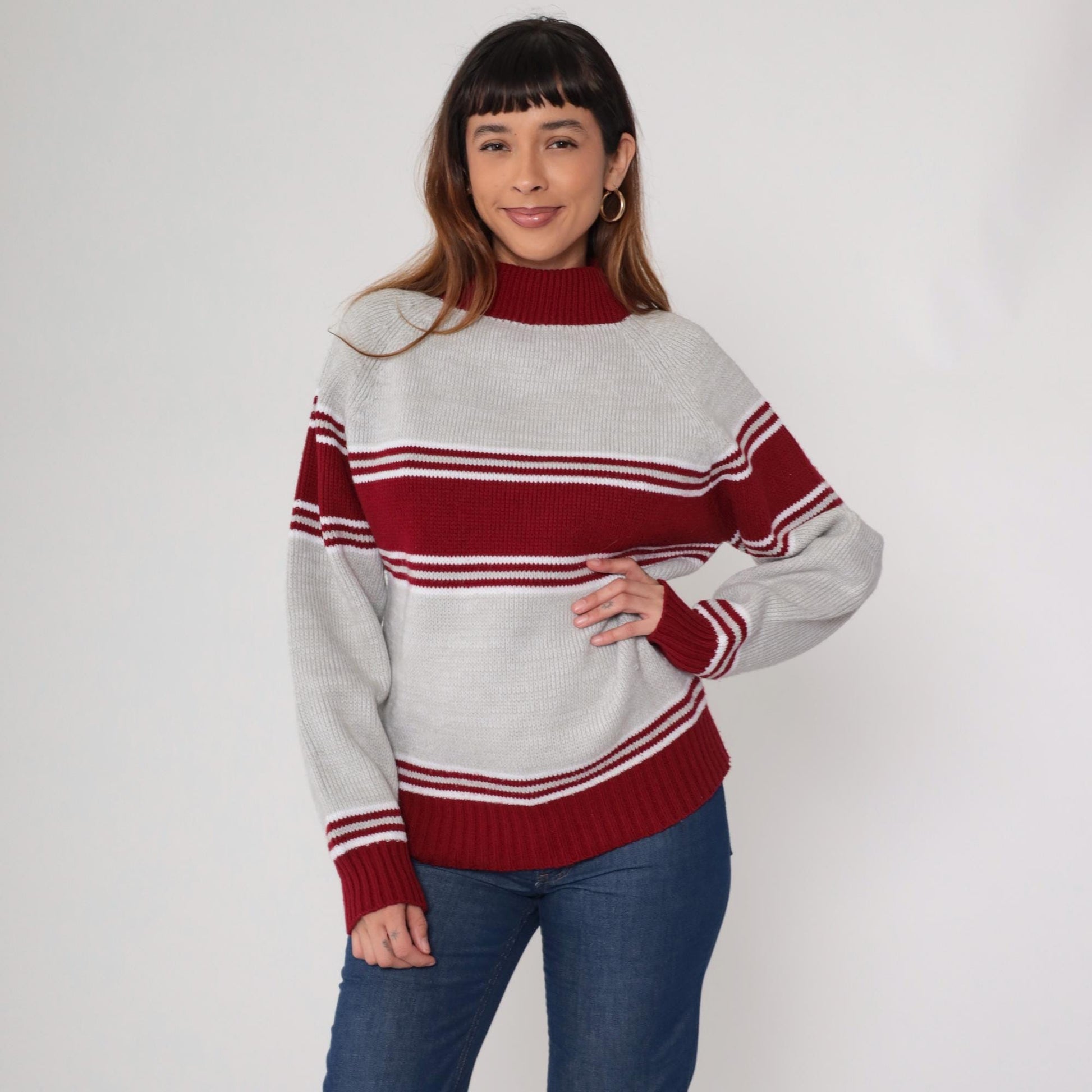 70s Craig Noble Mock Neck Sweater Red Grey Stripe Knit Medium