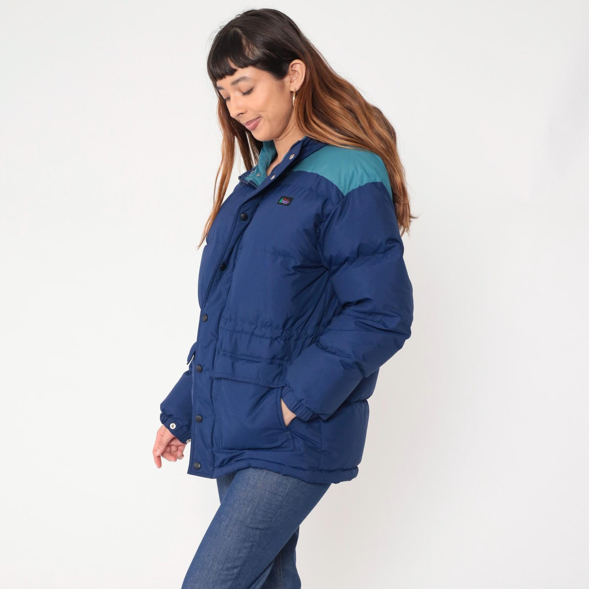 Y2K REI Goose Down Puffer Jacket Navy Teal Colorblock Hooded Extra Large XL