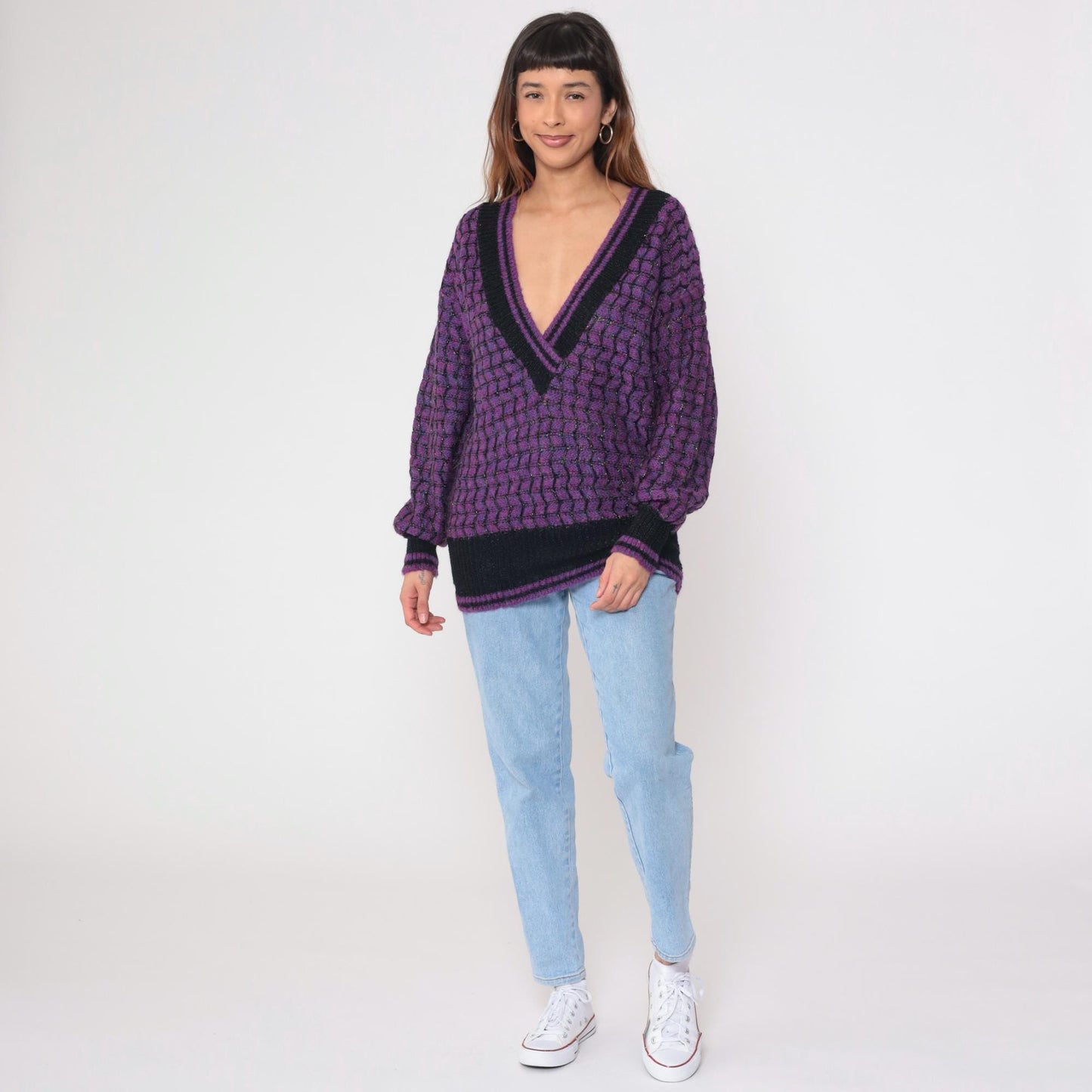 90s Max Bradley Purple Black Deep V Sweater Metallic Knit Large L