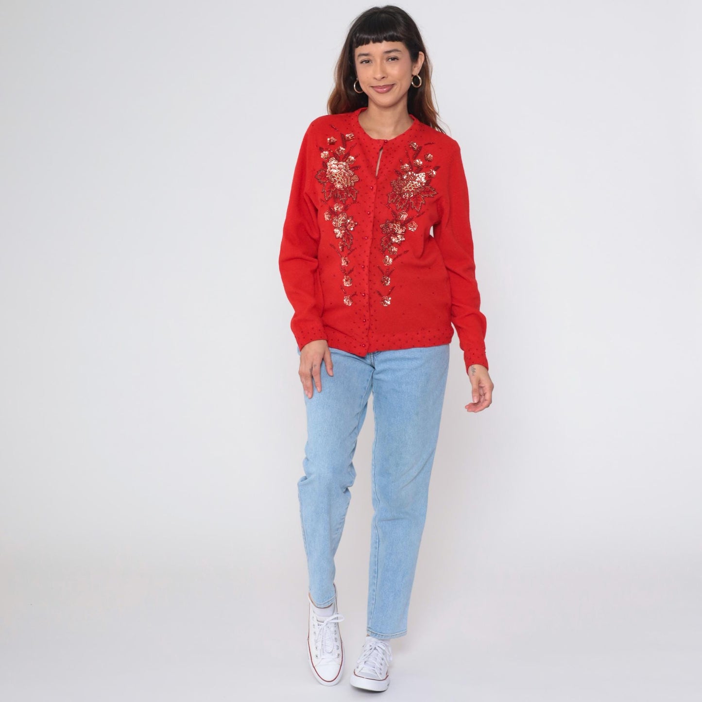 90s Red Beaded Floral Cardigan Wool Angora Blend Button Up Sequin Knitwear Large L