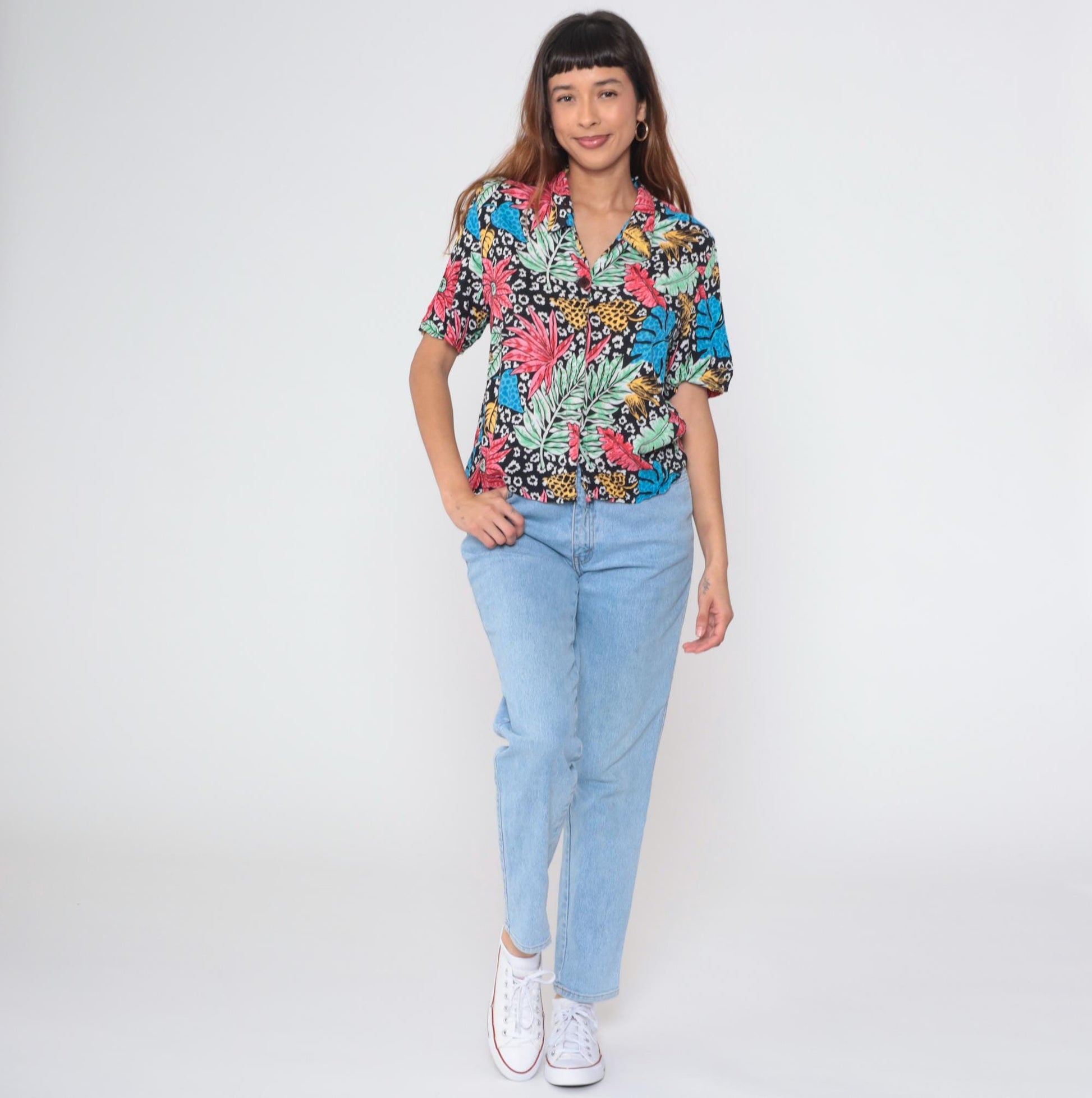 80s Black Hawaiian Shirt Tropical Orchid Floral Rayon Button Up Large