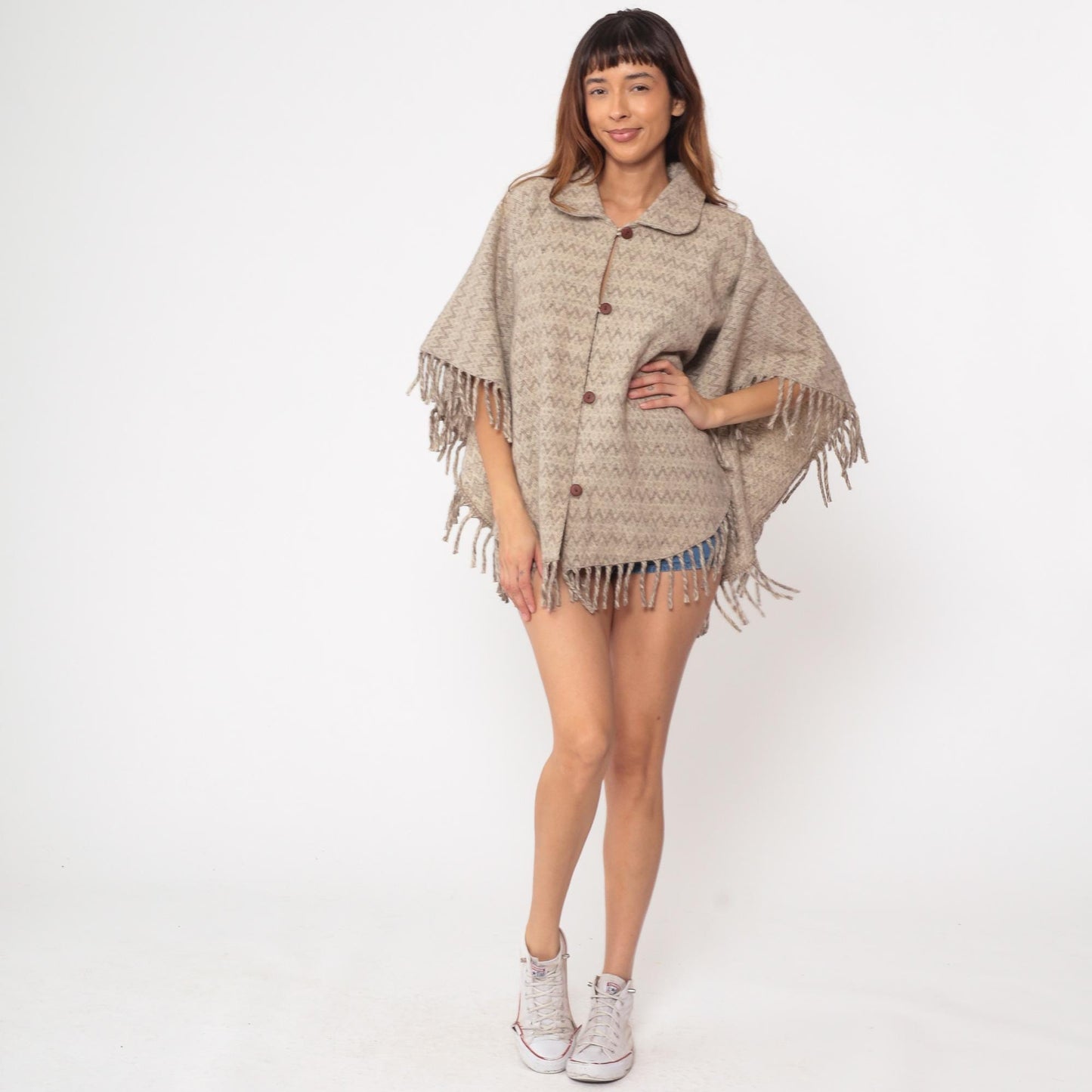 70s Wool Poncho Beige Brown Chevron Fringe Button Collar Cape One Size