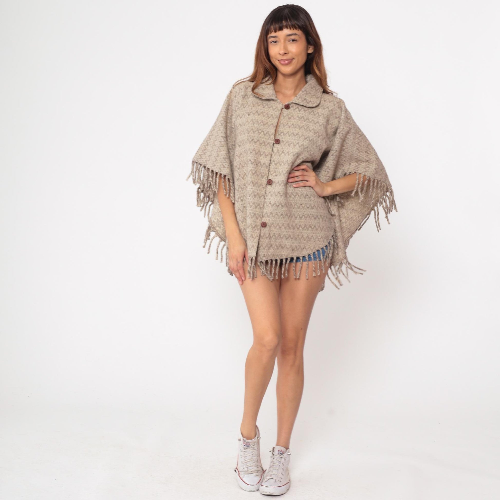 70s Wool Poncho Beige Brown Chevron Fringe Button Collar Cape One Size
