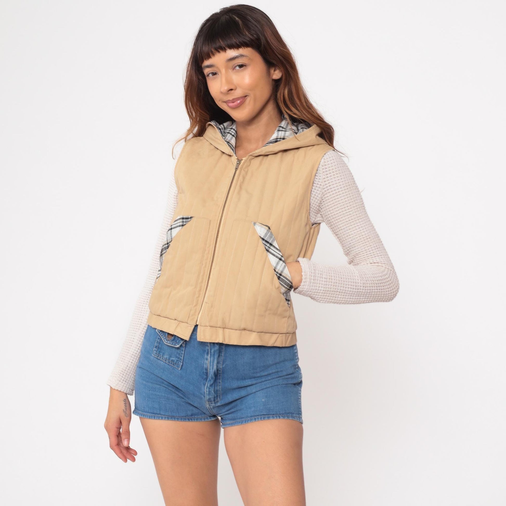70s Reversible Plaid Hooded Quilted Vest Tan Black White Checkered XS
