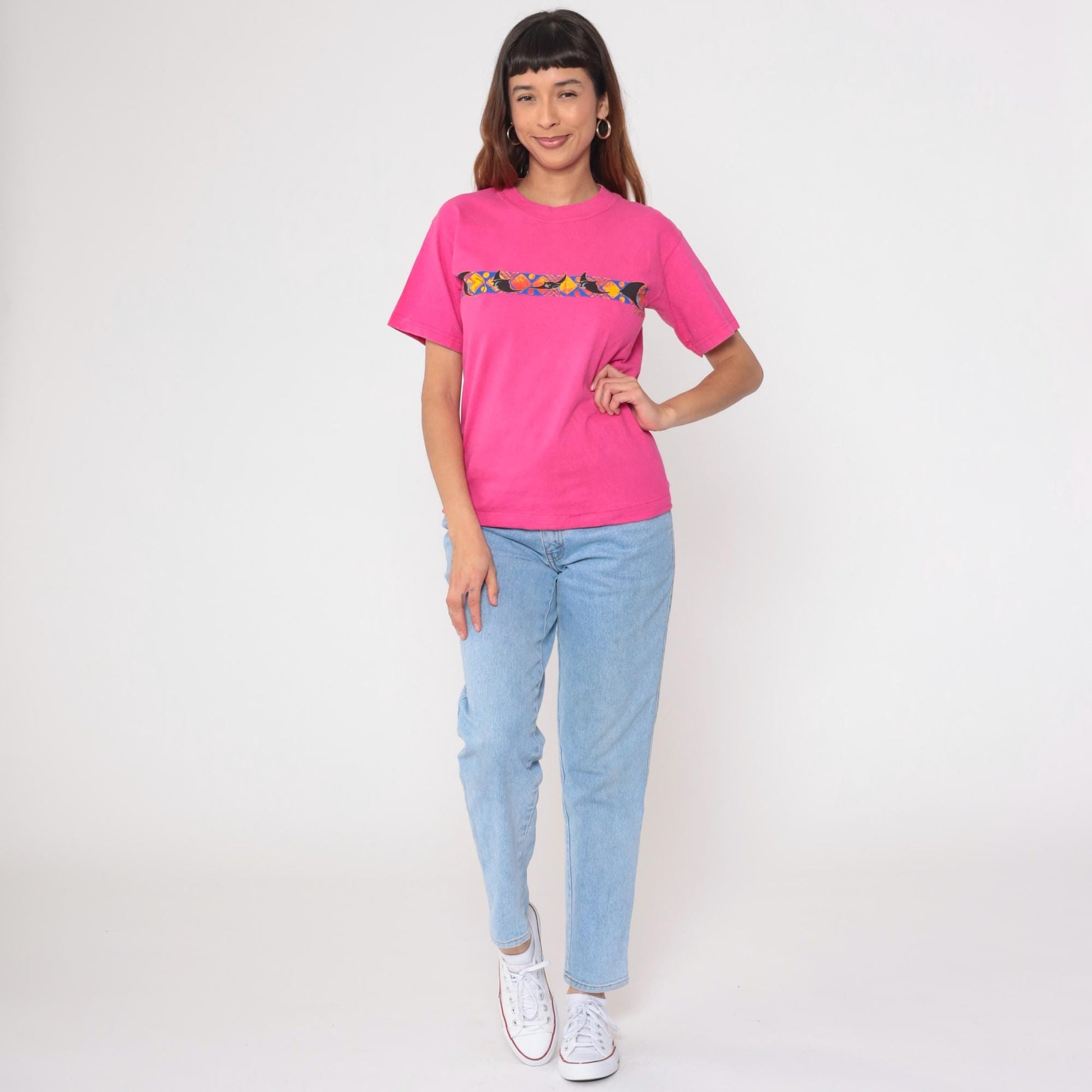 90s Gildan Manta Ray Graphic T-Shirt Hot Pink Cotton Tee Small S