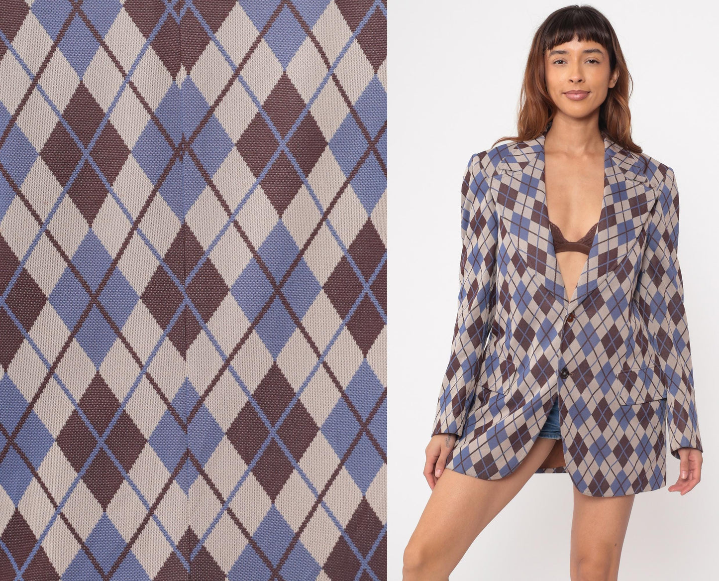 70s Hispacor Argyle Blazer Blue Brown Beige Diamond Pattern Medium
