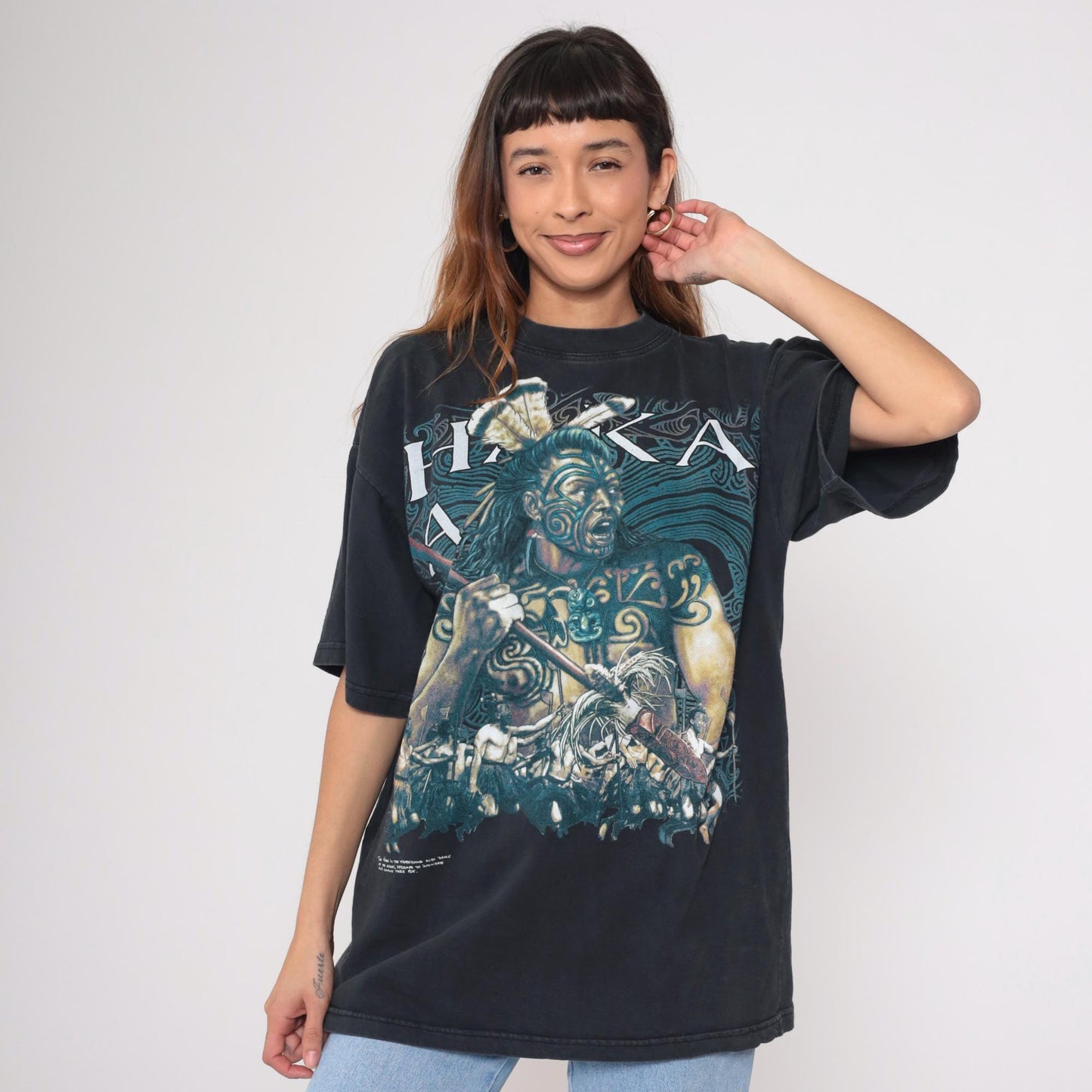 90s Maori Warrior Aotearoa Black Graphic T-Shirt Cotton Taiaha XXL