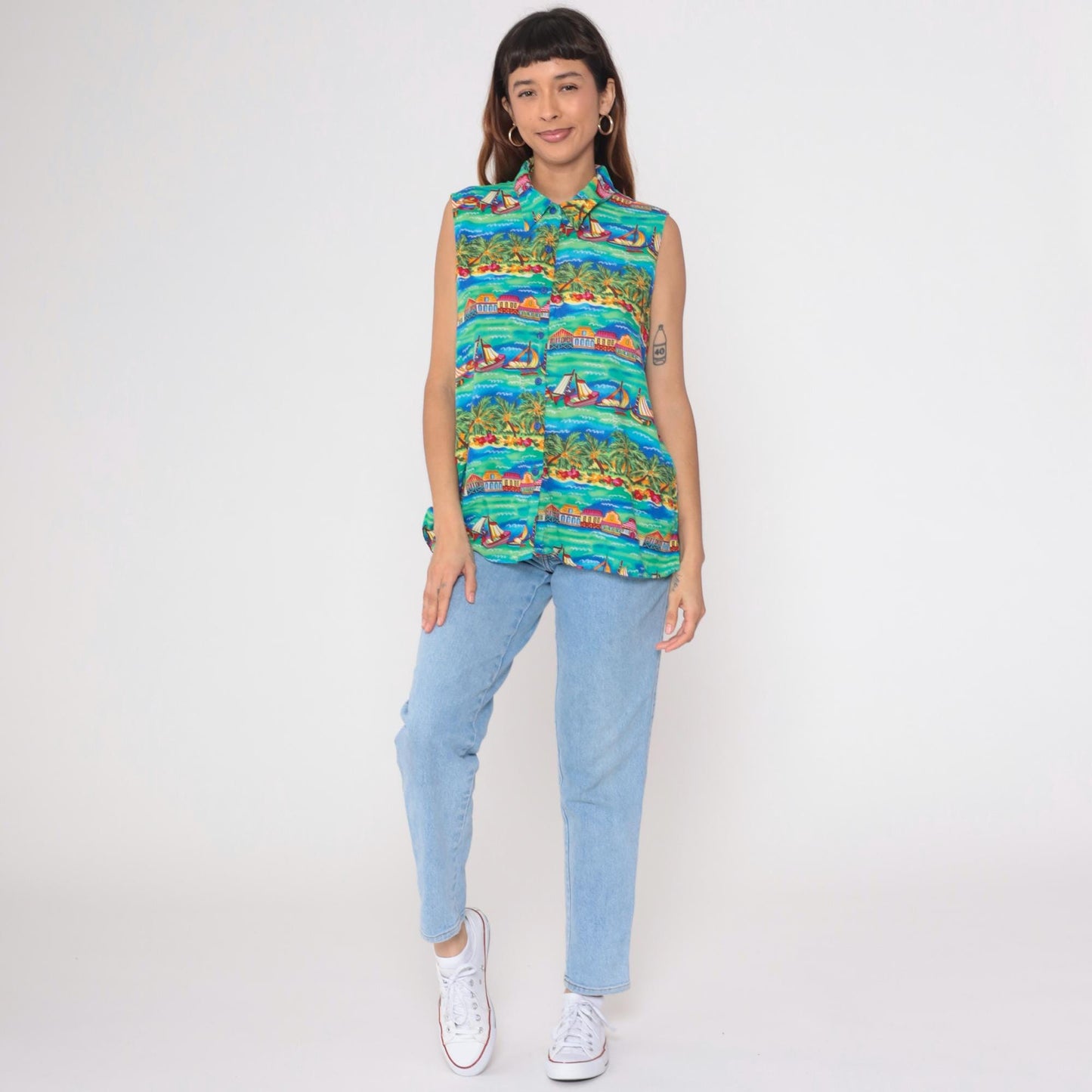 90s Caribou Tropical Island Sleeveless Shirt Teal Sailing Boat Print Extra Large