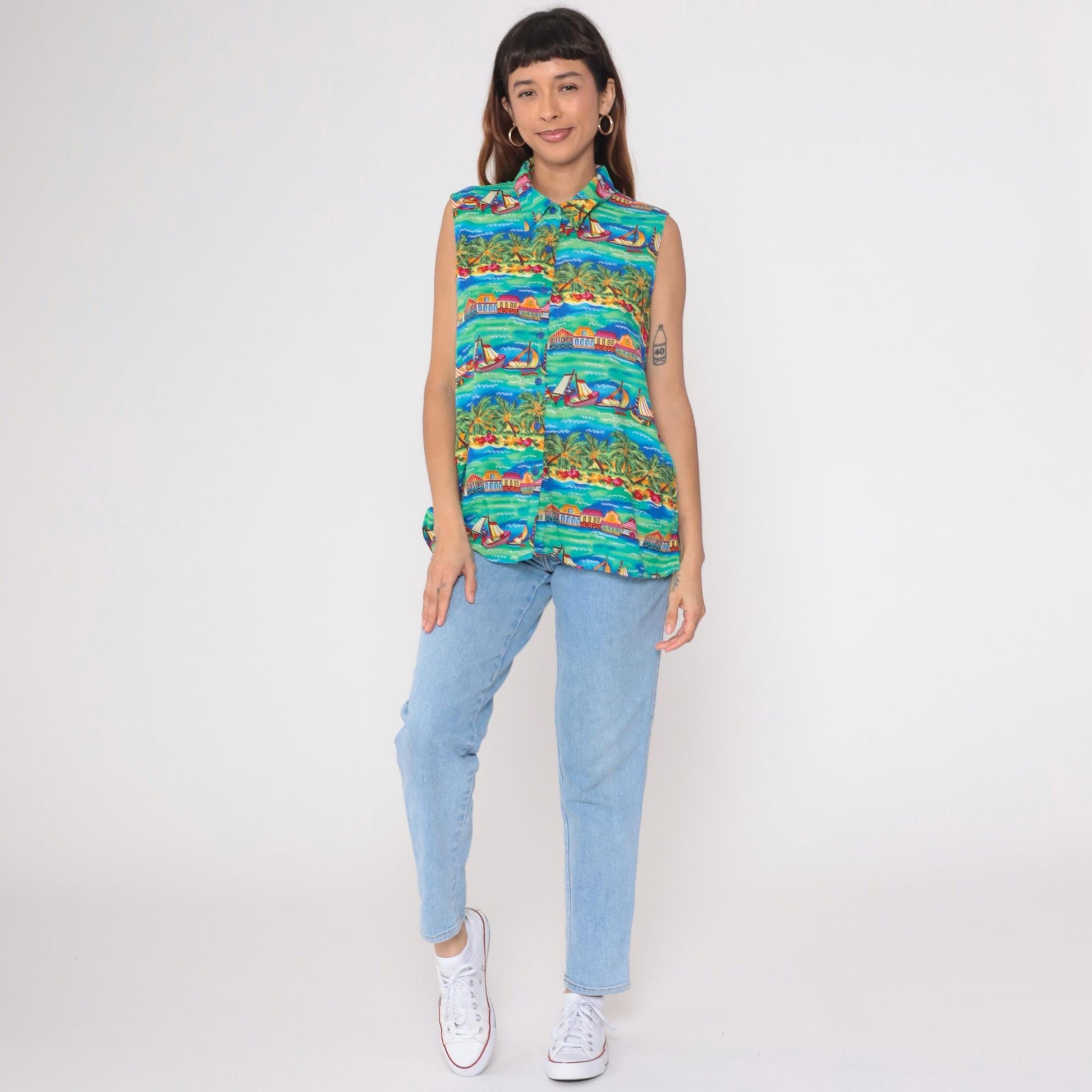 90s Caribou Tropical Island Sleeveless Shirt Teal Sailing Boat Print Extra Large
