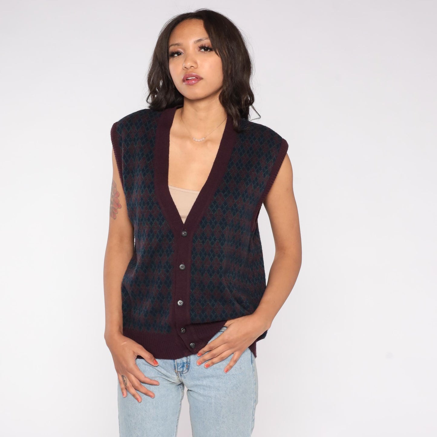 90s The Italian Sweater Co. Argyle Vest Burgundy Navy Green Wool Large L