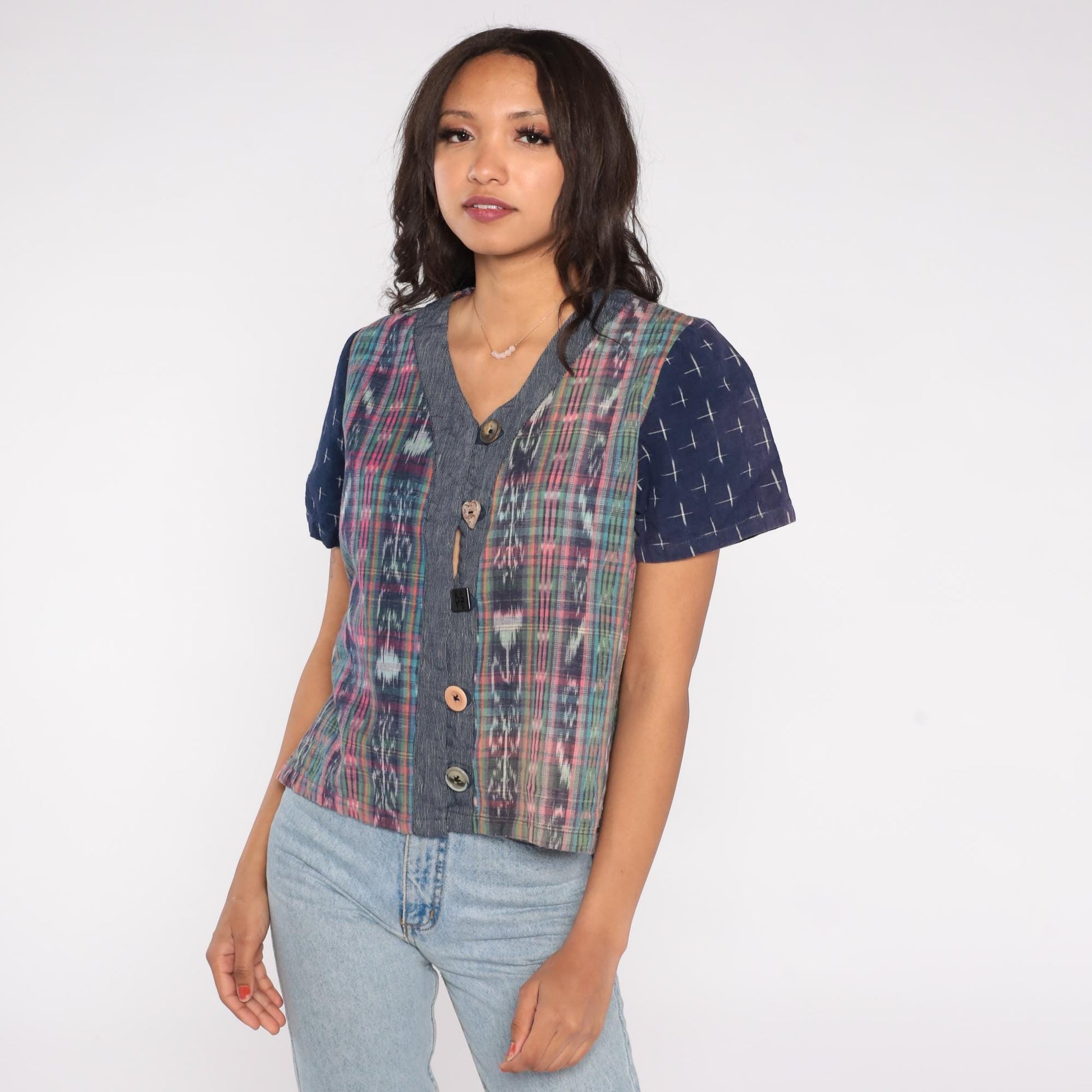 90s Patchwork Button Up Ikat Print Navy Chambray Short Sleeve Small P