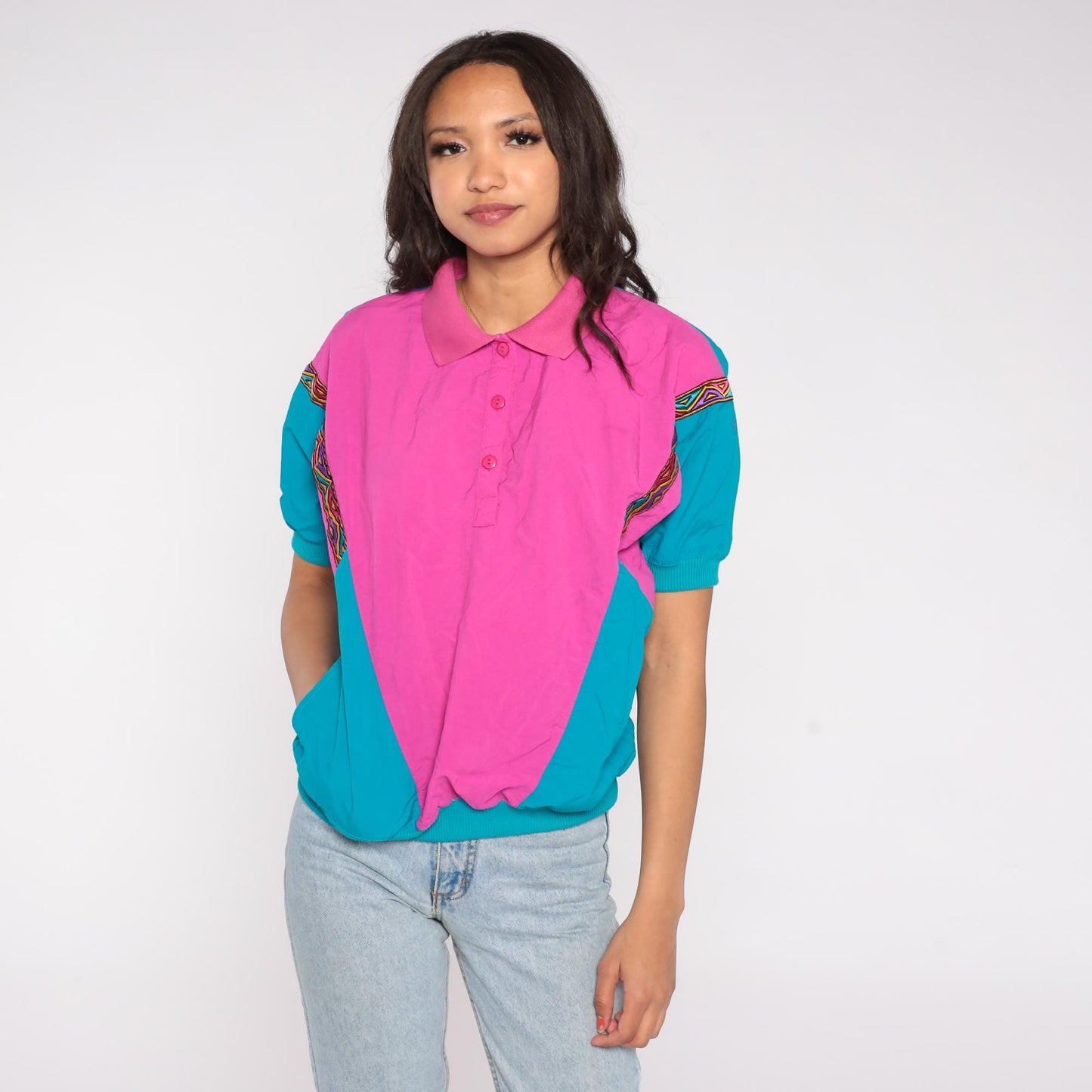 90s Lavon Color Block Polo Hot Pink Teal Nylon Short Sleeve Medium M