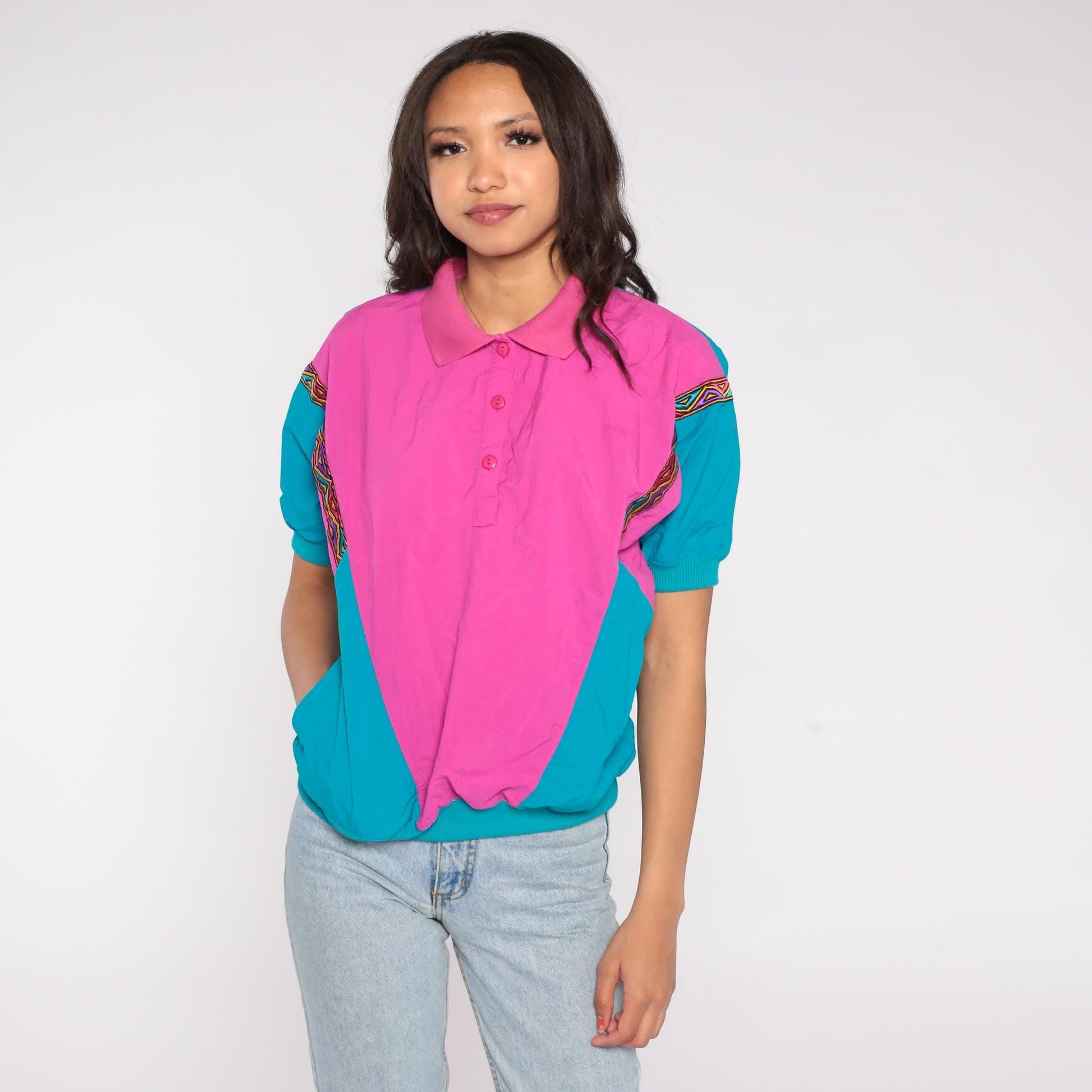 90s Lavon Color Block Polo Hot Pink Teal Nylon Short Sleeve Medium M