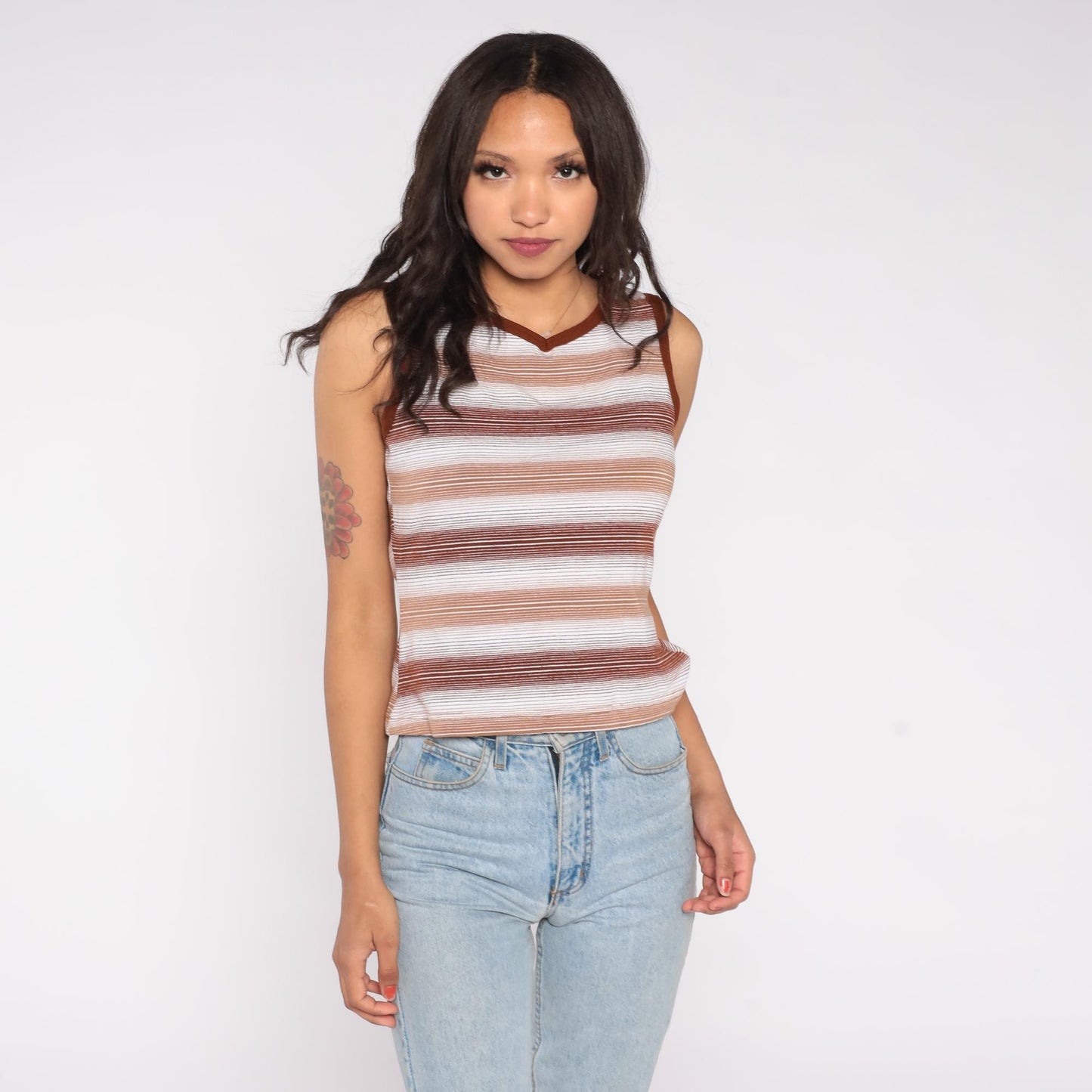 70s Brown Striped Tank Top V Neck Knit Fitted Shirt Small S