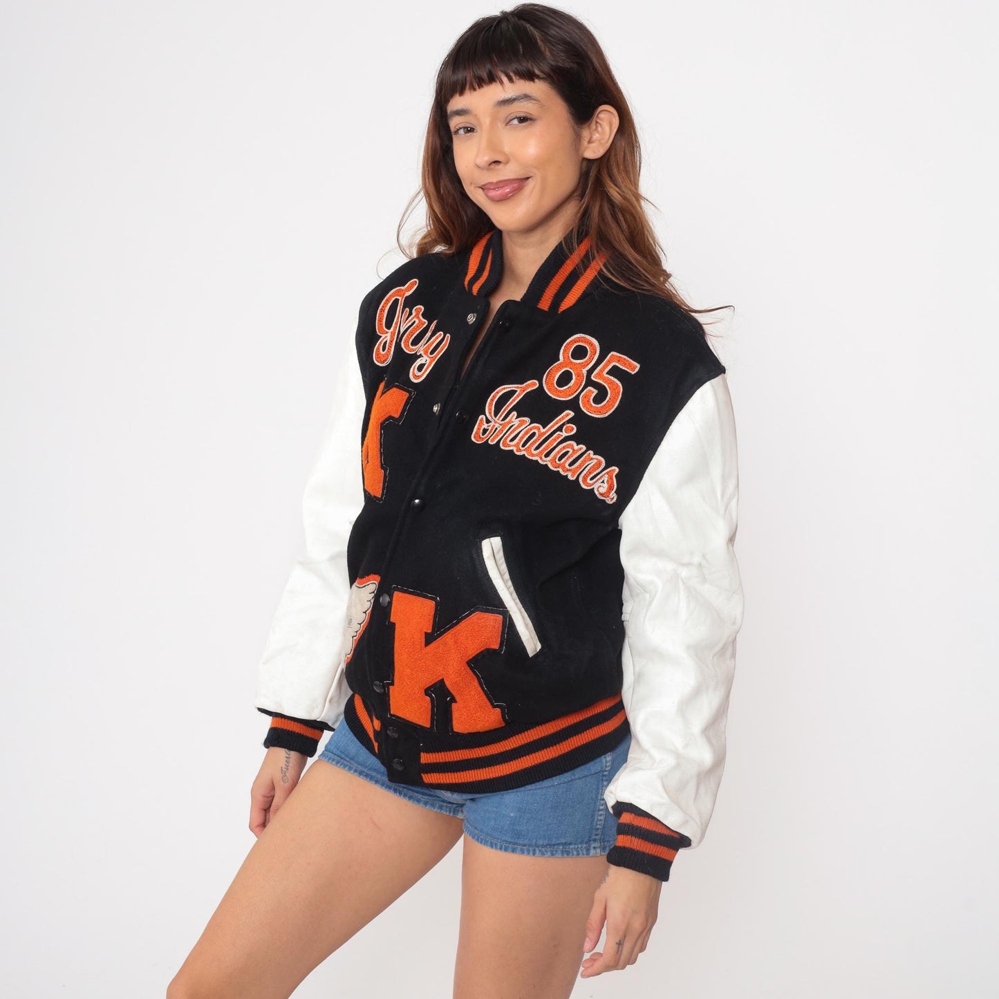 80s Terry Indians Varsity Letterman Jacket Wool Leather Small