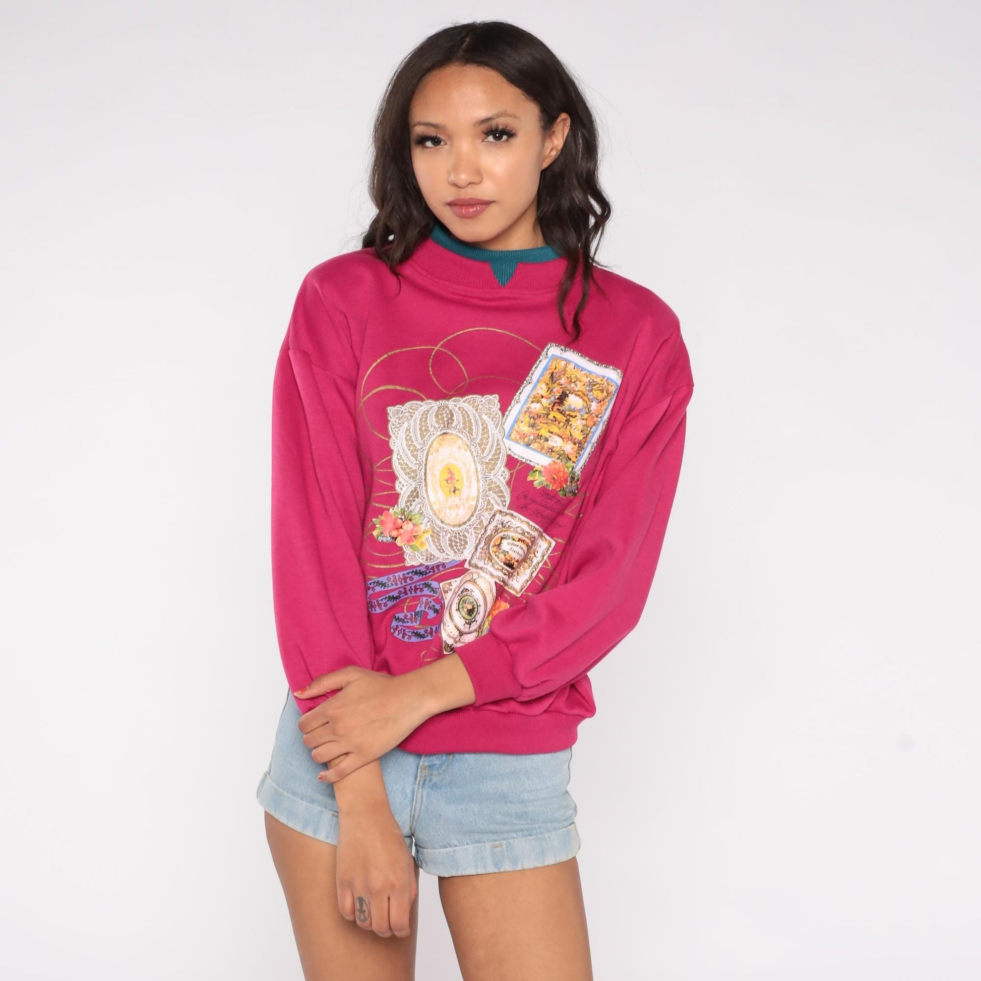 90s Nicco Victorian Floral Frame Sweatshirt Magenta Teal Mock Neck Medium M