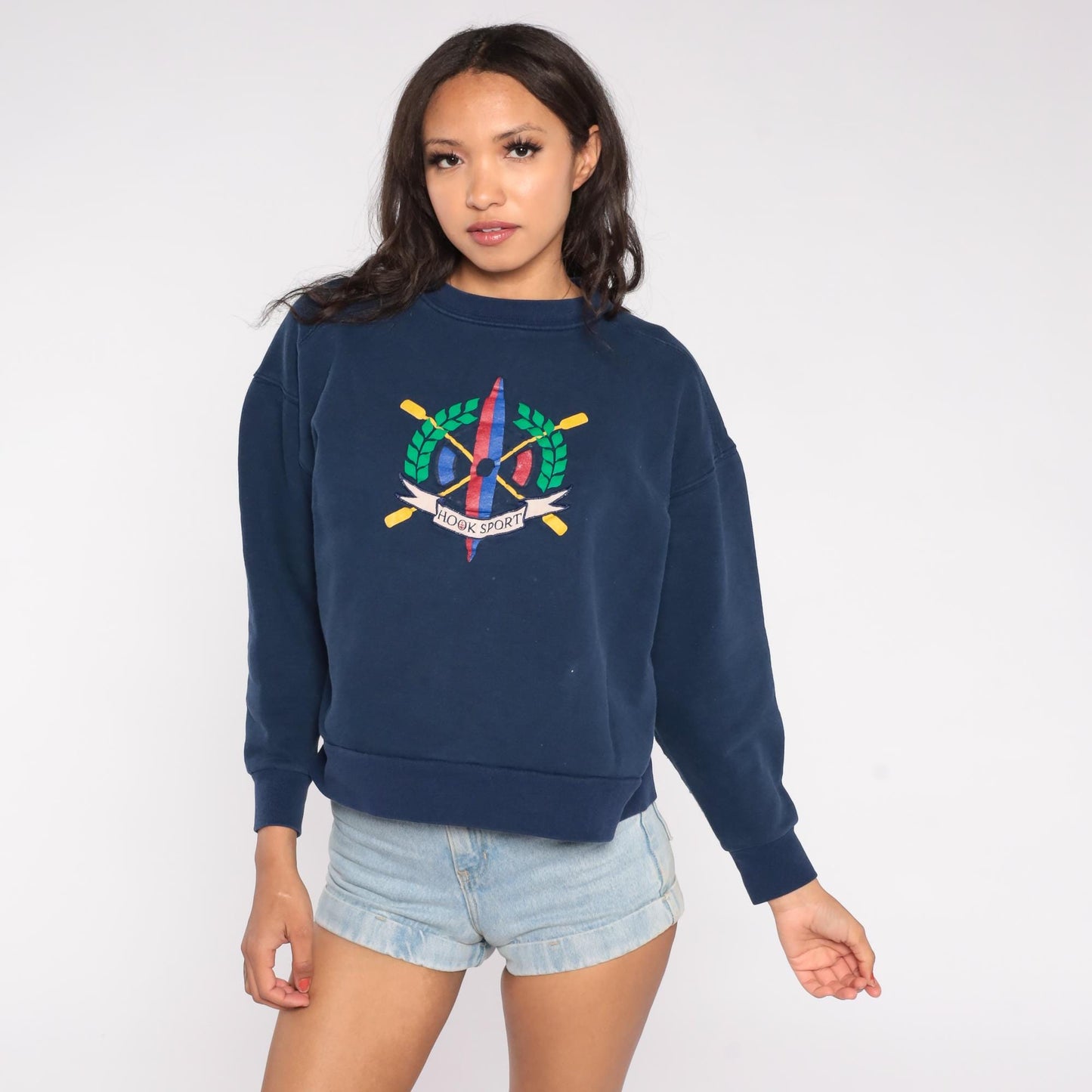 90s Hook Sport Rowing Crest Navy Sweatshirt Crossed Oars Graphic Large L