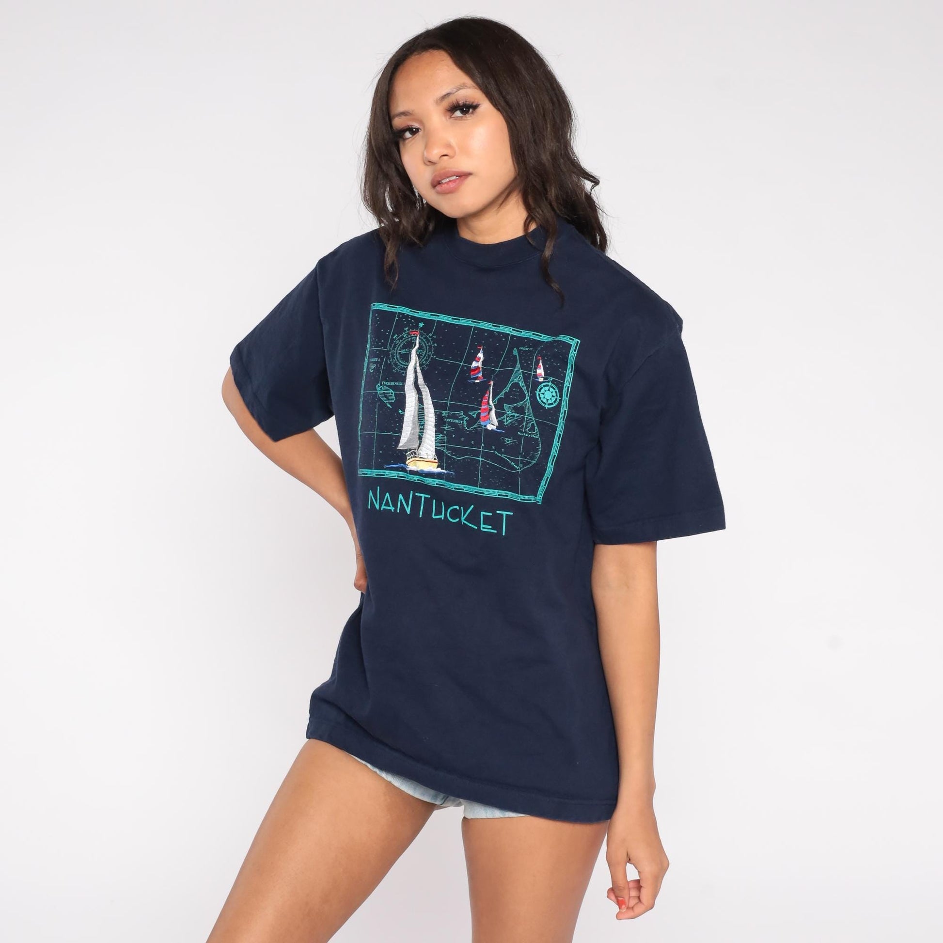 90s Singal Sports Nantucket Nautical Map Embroidered Tee Navy Large L