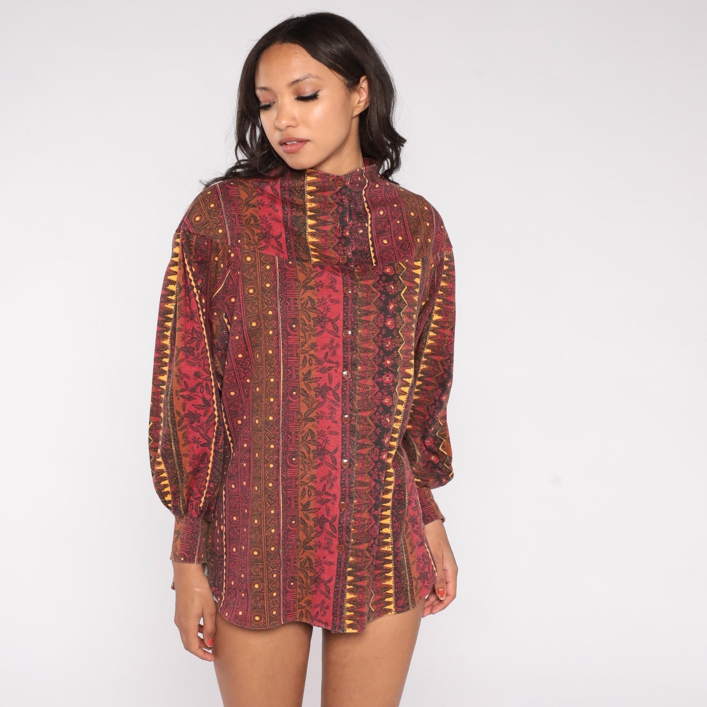 90s Mike & Me Moon Craft Burgundy Geometric Tribal Button Up Blouse One Size