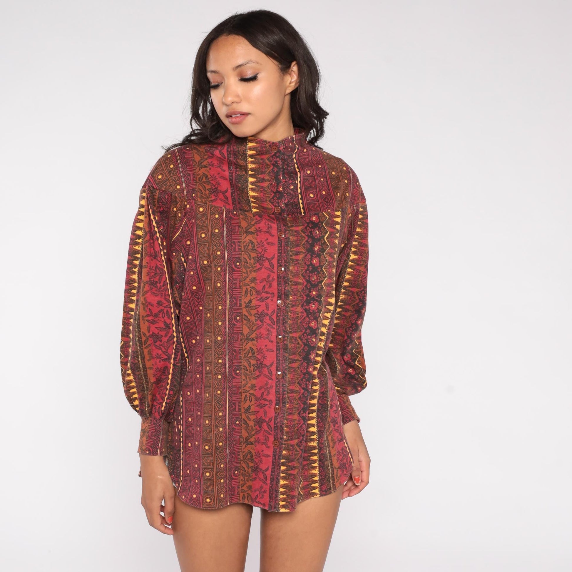 90s Mike & Me Moon Craft Burgundy Geometric Tribal Button Up Blouse One Size
