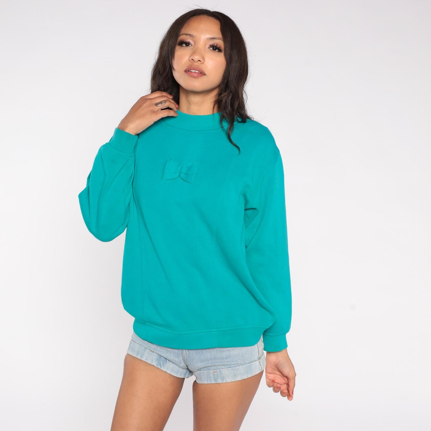 90s Teal Sweatshirt Bow Applique Mock Neck Pullover Medium M