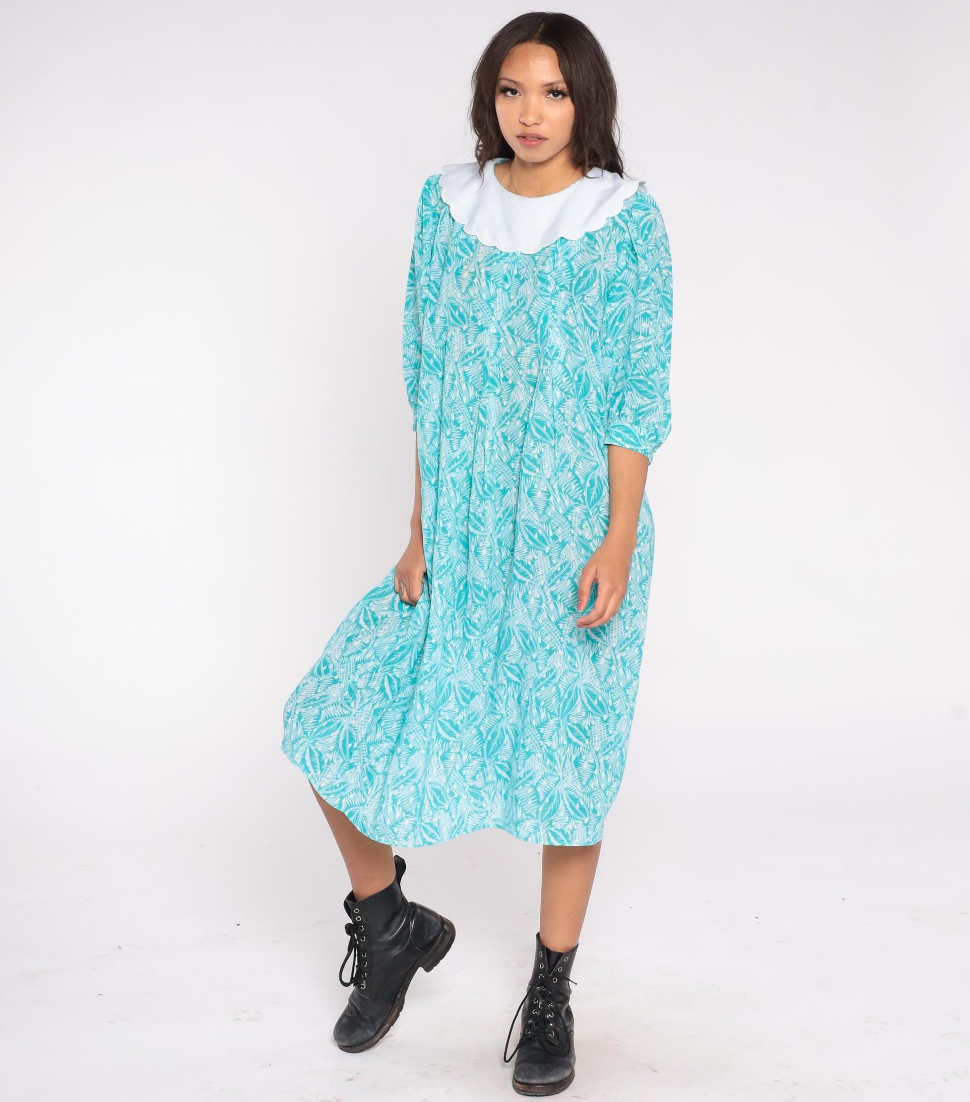 80s Kathryn & Co Leaf Print Midi Dress Teal Peter Pan Collar Puff Sleeve Medium