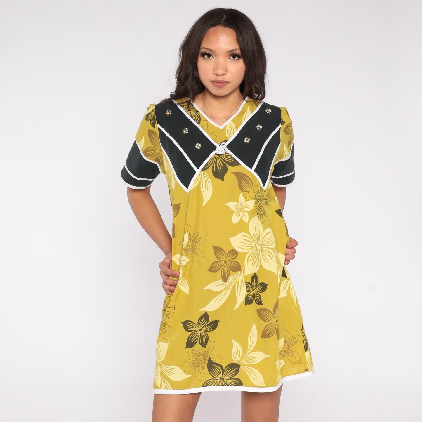 90s Floral Mini Dress Chartreuse Olive Sailor Collar Tropical Print Medium M