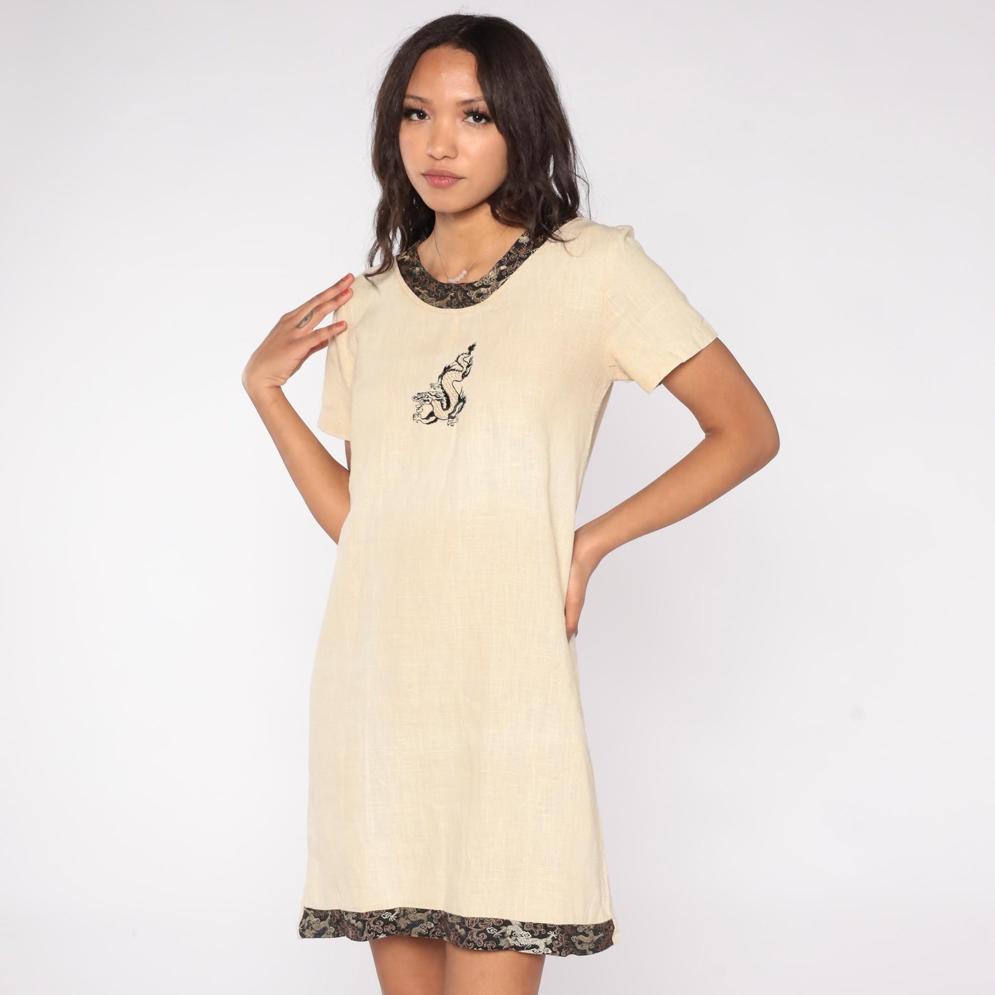 90s Mariko Beige Linen Dragon Embroidery Mini Dress Short Sleeve Medium M