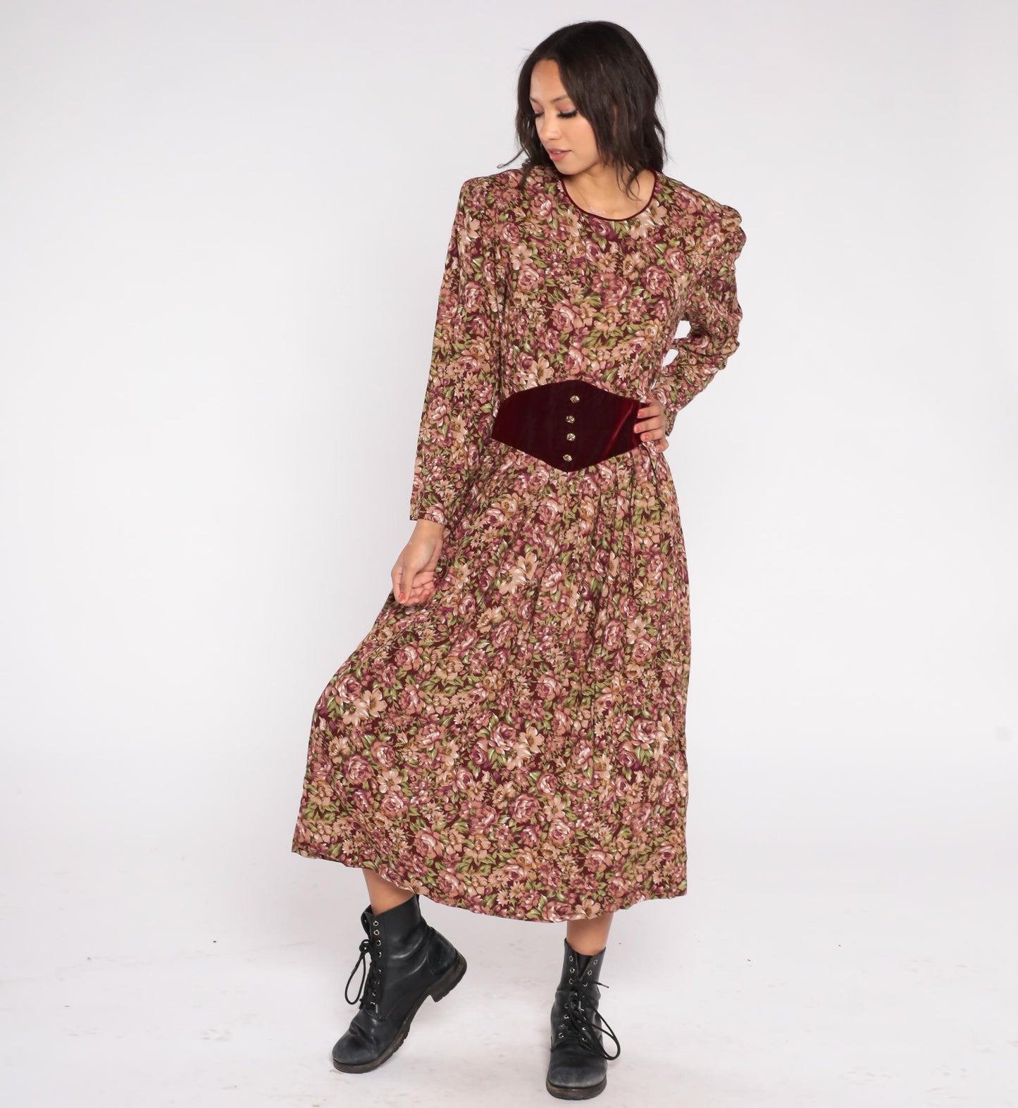 90s Miss Dorby Floral Velvet Midi Dress Burgundy Rose Long Sleeve Large