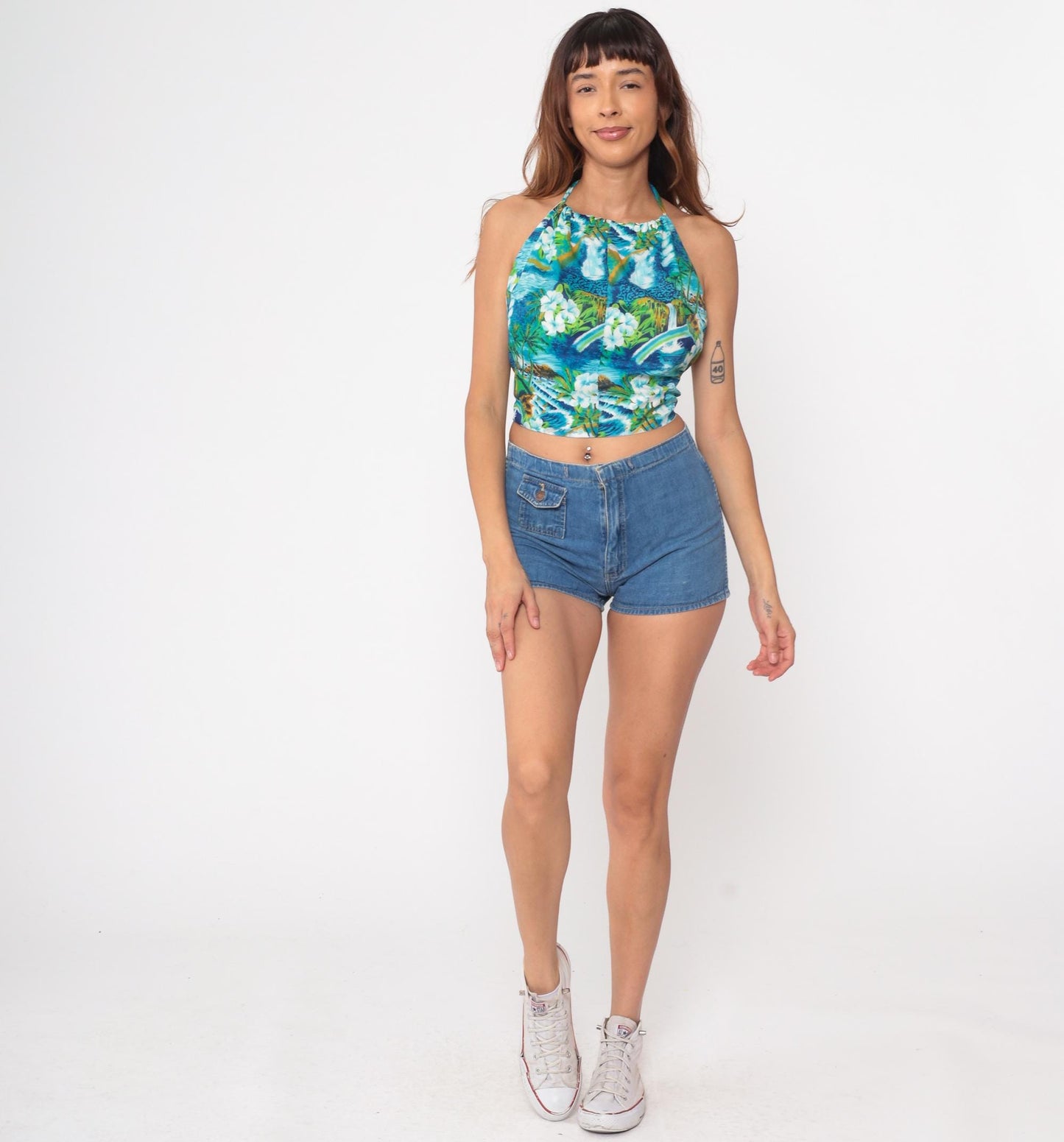 1960s Hawaiian Halter Crop Top Tropical Print Blue White Small S