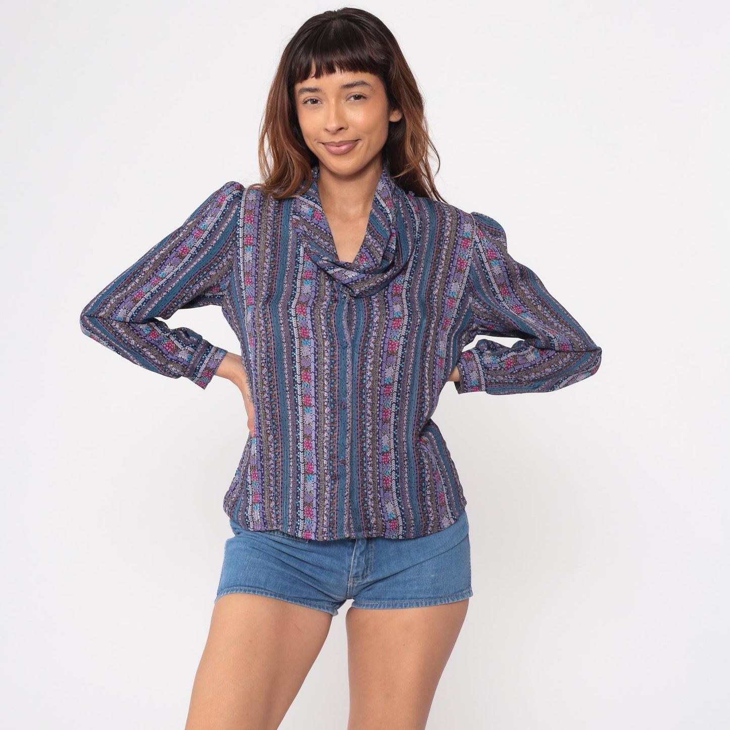 70s Floral Striped Cowl Neck Blouse Purple Blue Pink Long Sleeve Medium