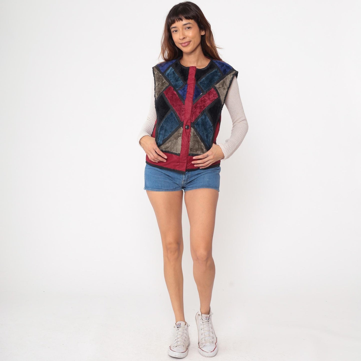 80s Patchwork Faux Fur Vest Burgundy Navy Geometric Colorblock Medium