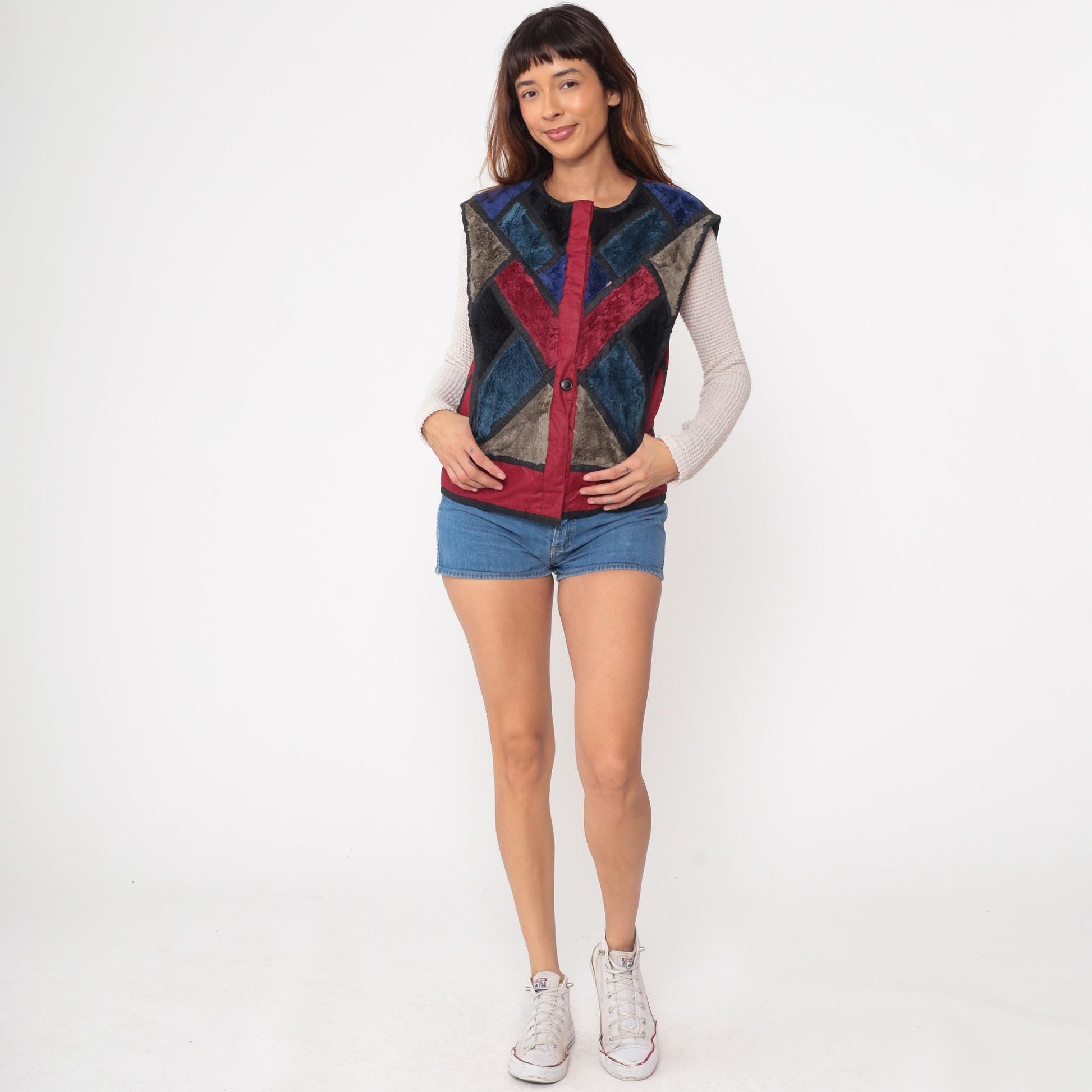 80s Patchwork Faux Fur Vest Burgundy Navy Geometric Colorblock Medium