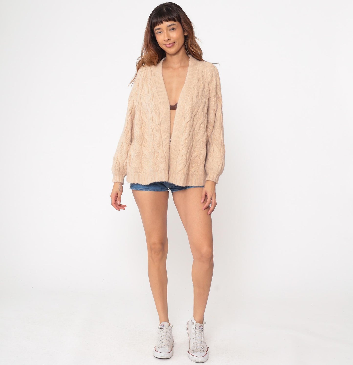 80s Cable Knit Cardigan Cream Wool Fisherman Chunky Knit Small
