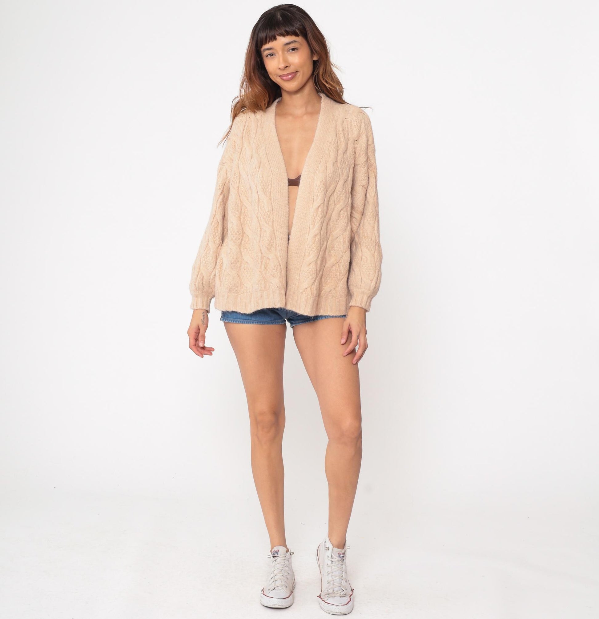 80s Cable Knit Cardigan Cream Wool Fisherman Chunky Knit Small