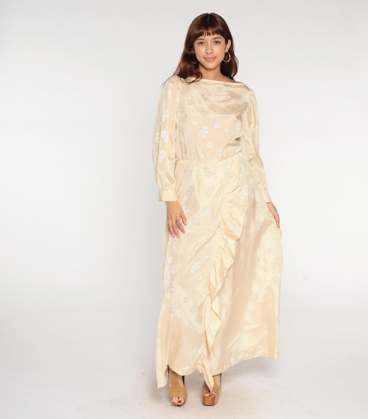 70s Cream Satin Maxi Dress Embroidered Ruffle Slit Bishop Sleeves Small